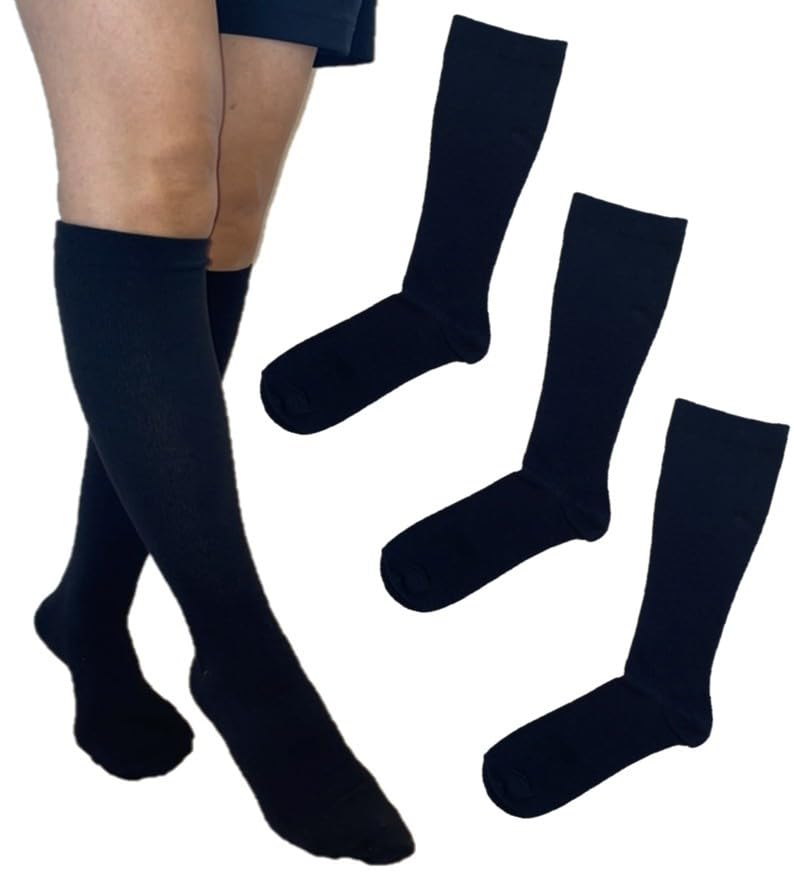 【送料無料】[NAKAMAJITA] 3L-4L 大きいサイズ ゆったり 着圧 ハイソックス 表糸綿100％ ブラック レディース 23−25cm 1足 3足セット 色：ブラック、サイズ：3L-4L