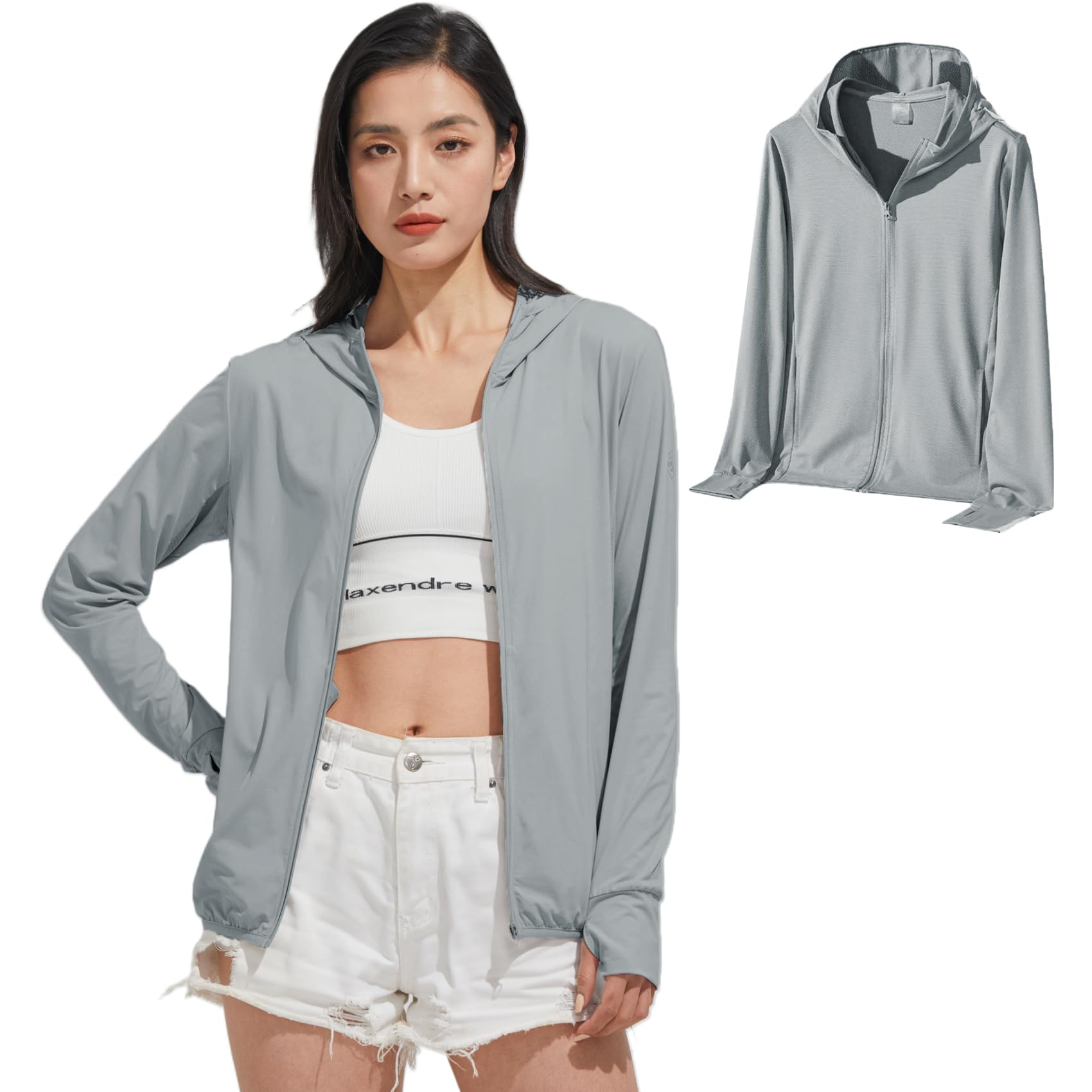 【送料無料】[KANGNAN] ラッシュガード レディース 【UVカット＆UPF50+】薄手 長袖 パーカー 軽量 涼しい 冷感 トップス 日焼け止め 水着 紫外線対策 速乾通気性 海 アウター 無地 おしゃれ 春夏秋用 色：B1-グレー、サイズ：XL