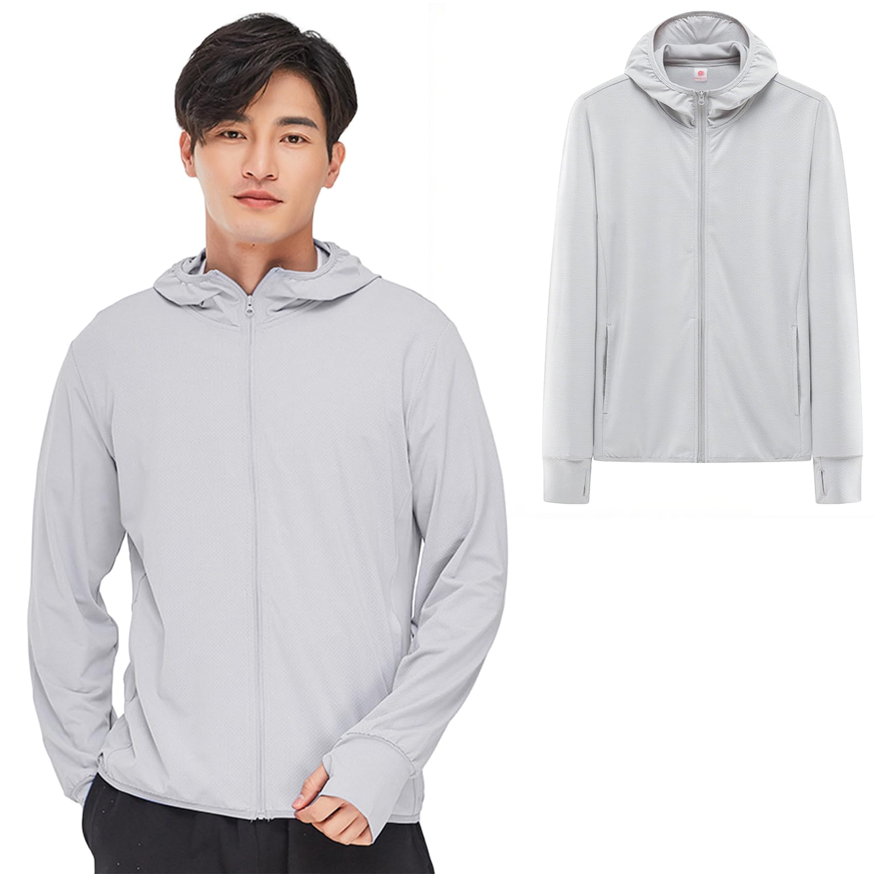 【送料無料】[KANGNAN] ラッシュガード メンズ 【UVカット＆UPF50+】薄手 長袖 パーカー 軽量 涼しい 冷感 トップス 日焼け止め 水着 紫外線対策 速乾通気性 海 アウター 無地 おしゃれ 春夏秋用 色：B4-ライトグレー、サイズ：M