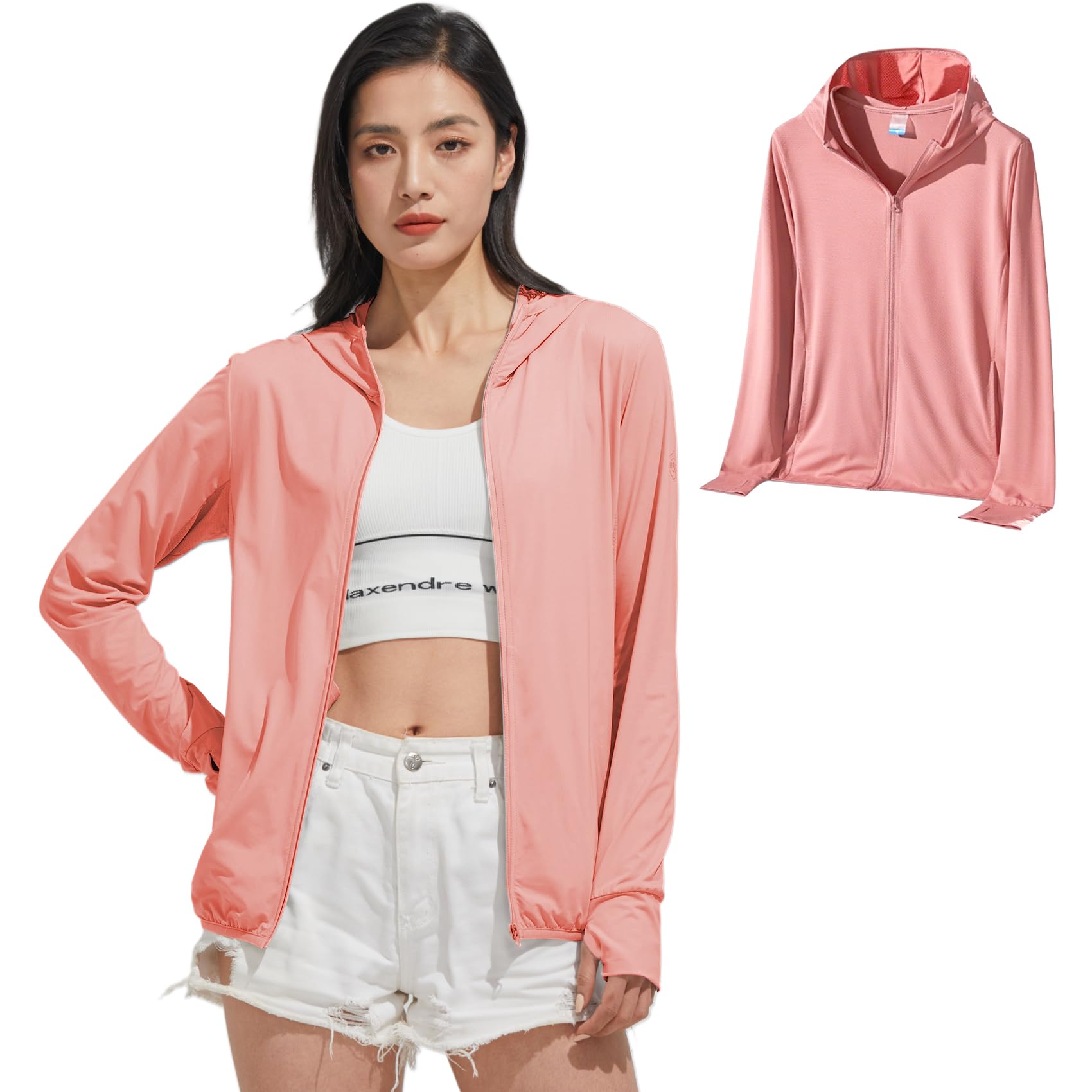 【送料無料】[KANGNAN] ラッシュガード レディース 【UVカット＆UPF50+】薄手 長袖 パーカー 軽量 涼しい 冷感 トップス 日焼け止め 水着 紫外線対策 速乾通気性 海 アウター 無地 おしゃれ 春夏秋用 色：B8-ディープピンク、サイズ：XL