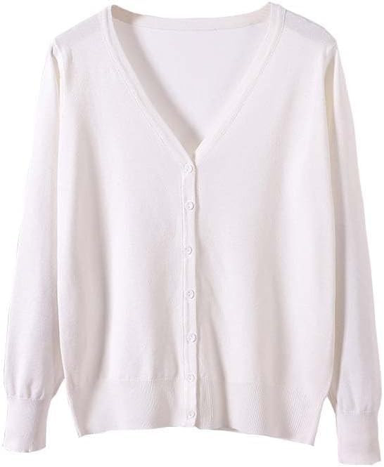 【送料無料】[HDONYUI] カシミヤタッチVネックカーディガン レディース 長袖 ニット 無地 薄手 仕事 オフィス 事務 サマー きれいめ かわいい かーでがん 女 春夏秋冬 黒白 色：ホワイト、サイズ：S