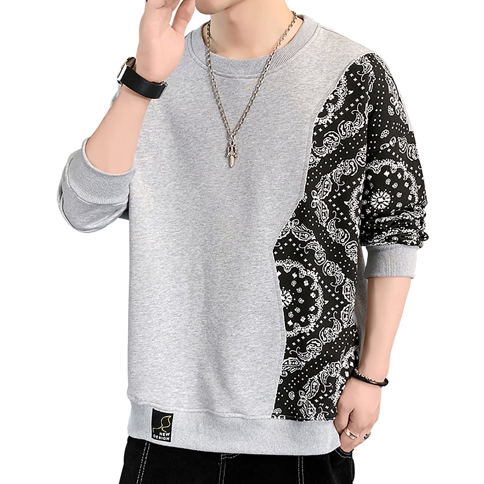 【送料無料】[HEGROPH] トレーナー メンズ 切り替え 長袖 スウェットシャツ おしゃれ 花柄 漫画の子猫..