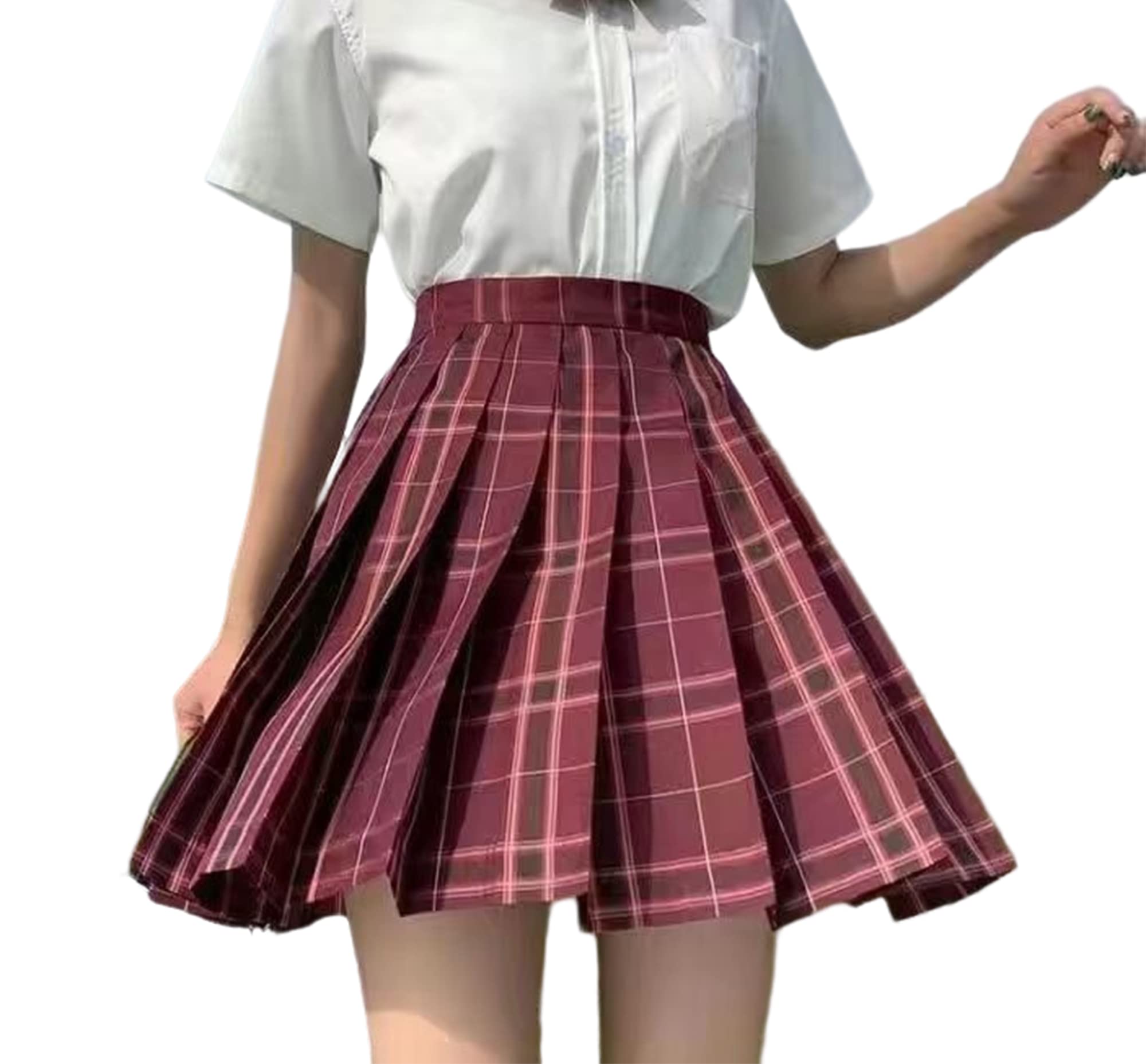 【送料無料】[HDONYUI] 制服 スカート ミニ プリーツ チェック 女子 スクール 高校生 JK 学生 ハイウエスト Aライン アジャスター 卒業式 遊園地 学園祭 文化祭 パーティ 色：エンジ、サイズ：S