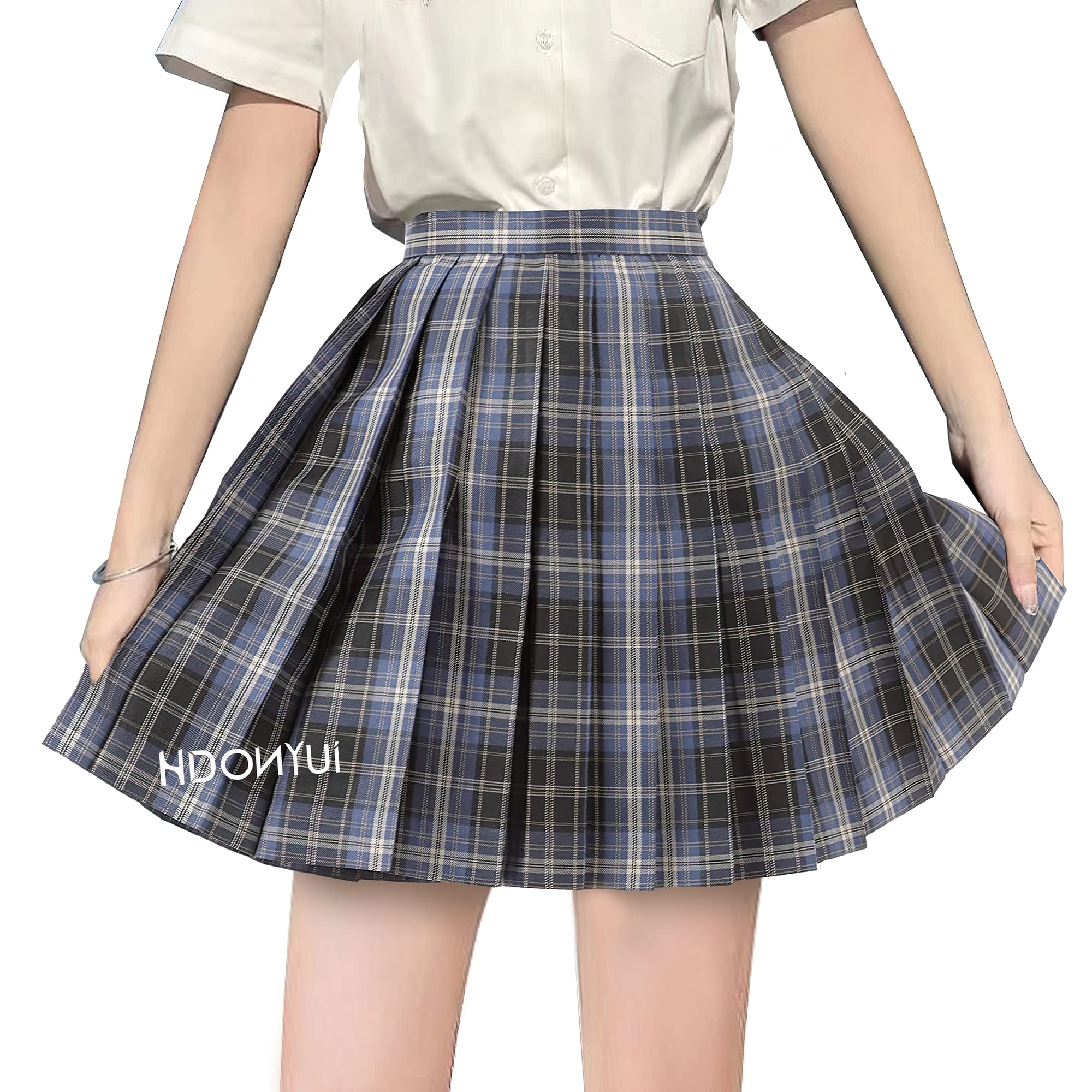 【送料無料】[HDONYUI] 制服 スカート ミニ プリーツ チェック 女子 スクール 高校生 JK 学生 ハイウエスト Aライン アジャスター 卒業式 遊園地 学園祭 文化祭 パーティ 色：ネイビー/ブルー/ホワイトライン、サイズ：S