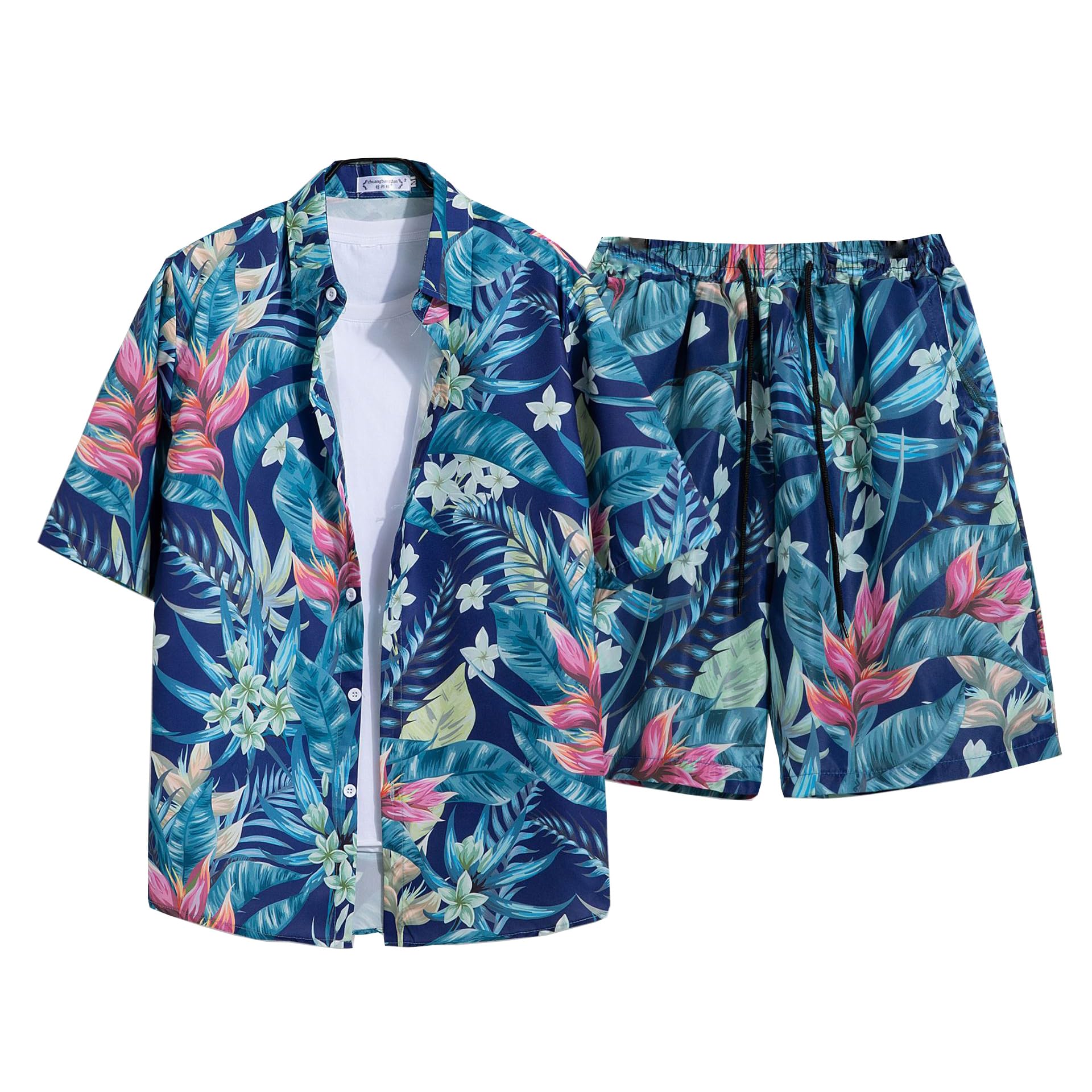 【送料無料】[HEGROPH] メンズ アロハシャツ＆ビーチパンツ セット 花柄 半袖 涼感 軽量 快適 ハワイアン リゾート カジュアル 夏服 薄手 セットアップ 色：323ブルー、サイズ：S