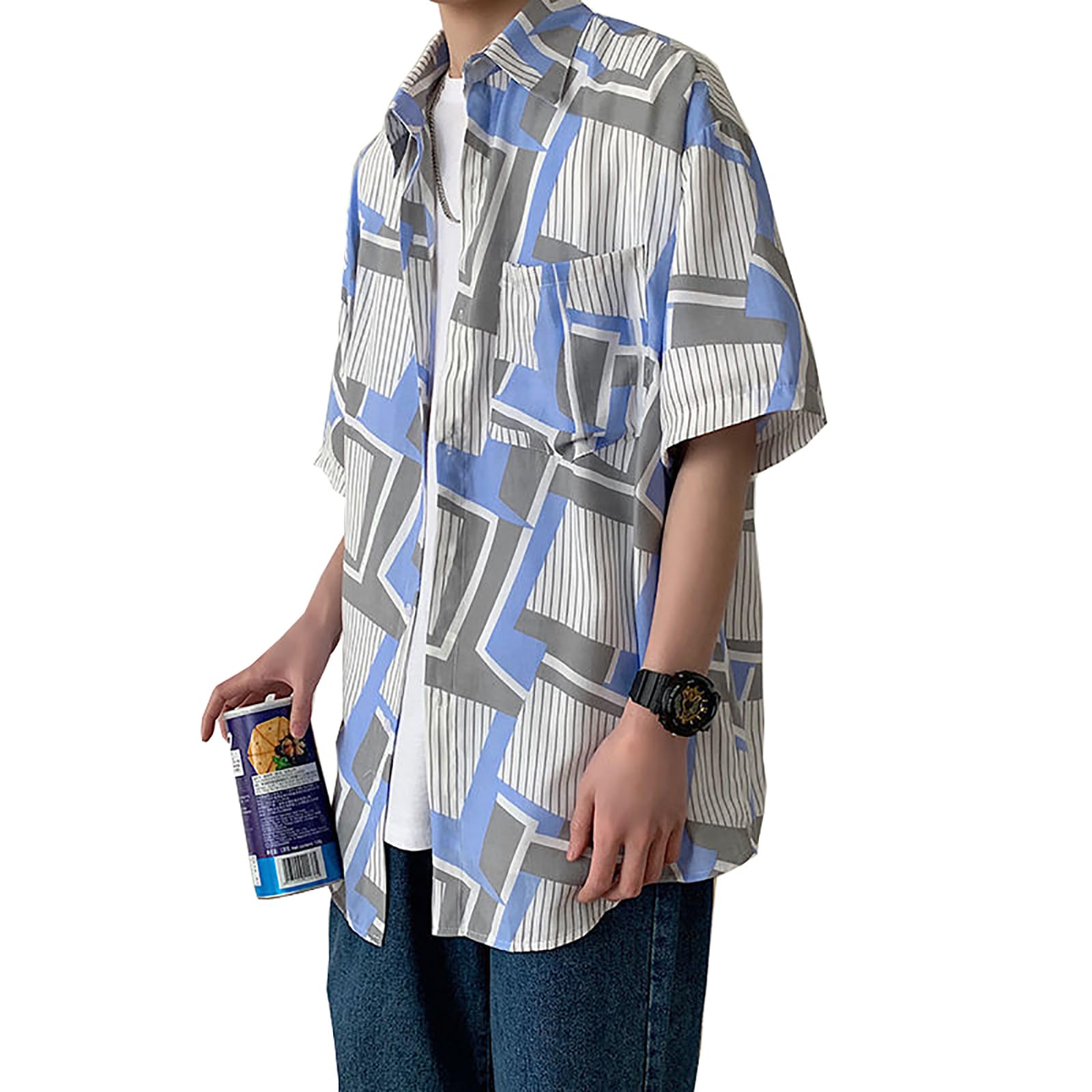 【送料無料】[HEGROPH] アロハシャツ メンズ 半袖 超軽量涼感 95%ポリエステル ユース向け(18-24歳) おしゃれ ゆるい カジュアル しゃつ 涼感 シャツ 色：幾何学模様-青、サイズ：XL
