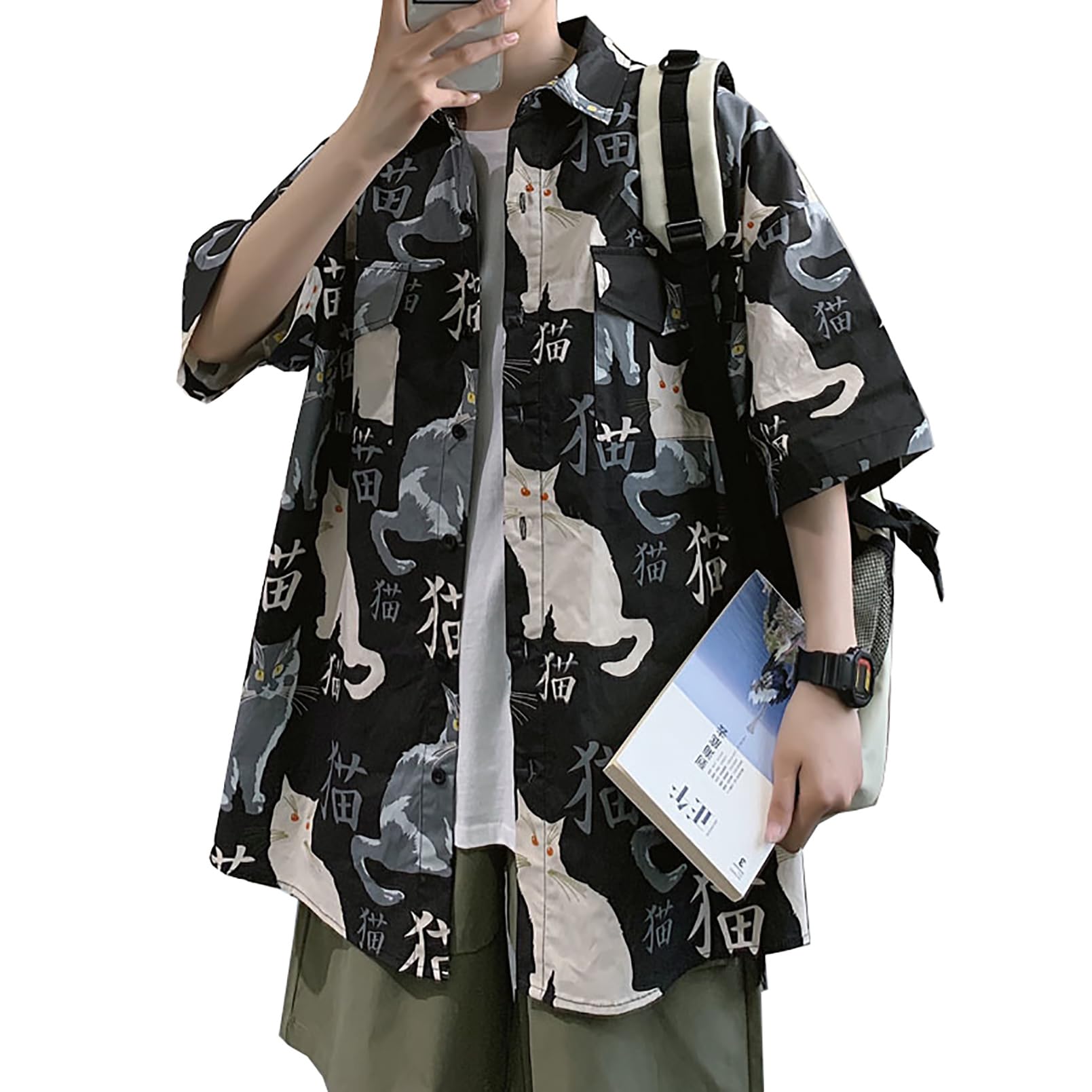 【送料無料】[HEGROPH] アロハシャツ メンズ 半袖 超軽量涼感 95%ポリエステル ユース向け(18-24歳) おしゃれ ゆるい カジュアル しゃつ 涼感 シャツ 色：猫柄-黒、サイズ：S