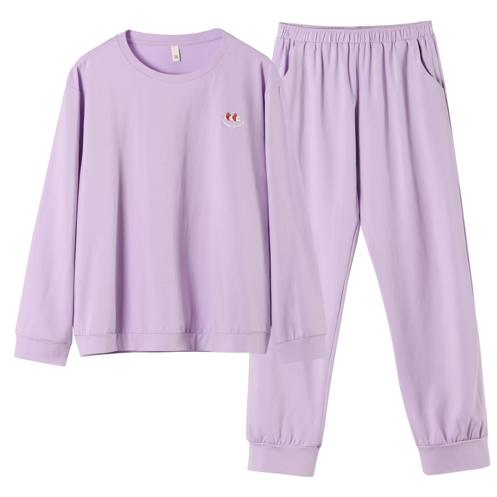 【送料無料】[HEWEAYTA] パジャマ レディース 長袖 春夏秋 - ルームウェア 薄手 丸首 イチゴ サクランボ 上下セット 部屋着 通気 ゆったり 快適 色：パープル、サイズ：S