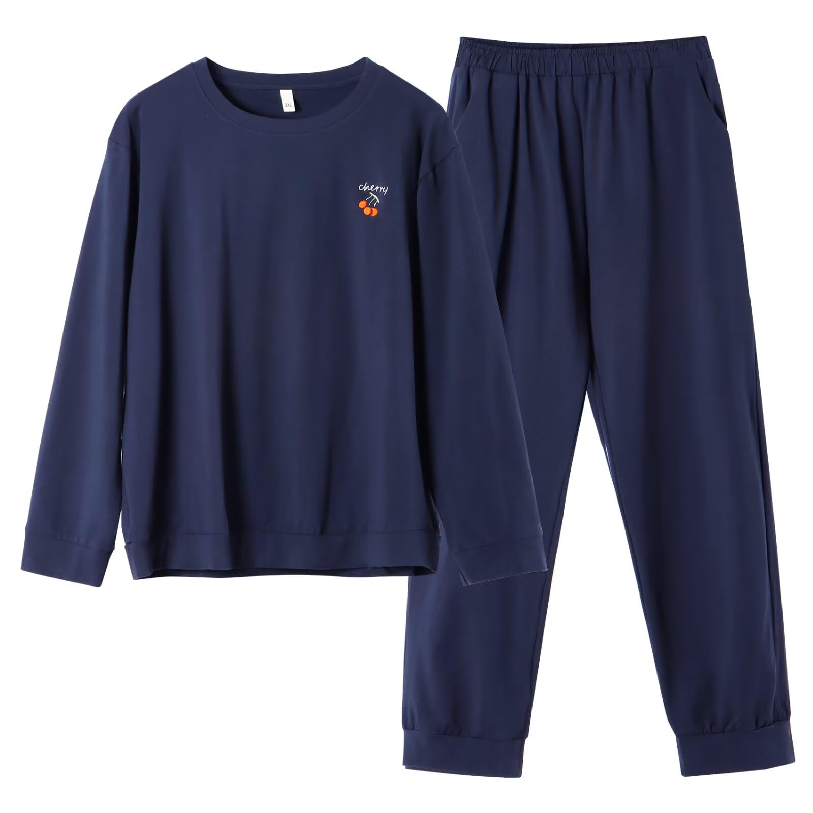 【送料無料】[HEWEAYTA] パジャマ レディース 長袖 春夏秋 - ルームウェア 薄手 丸首 イチゴ サクランボ 上下セット 部屋着 通気 ゆったり 快適 色：ネイビー、サイズ：S
