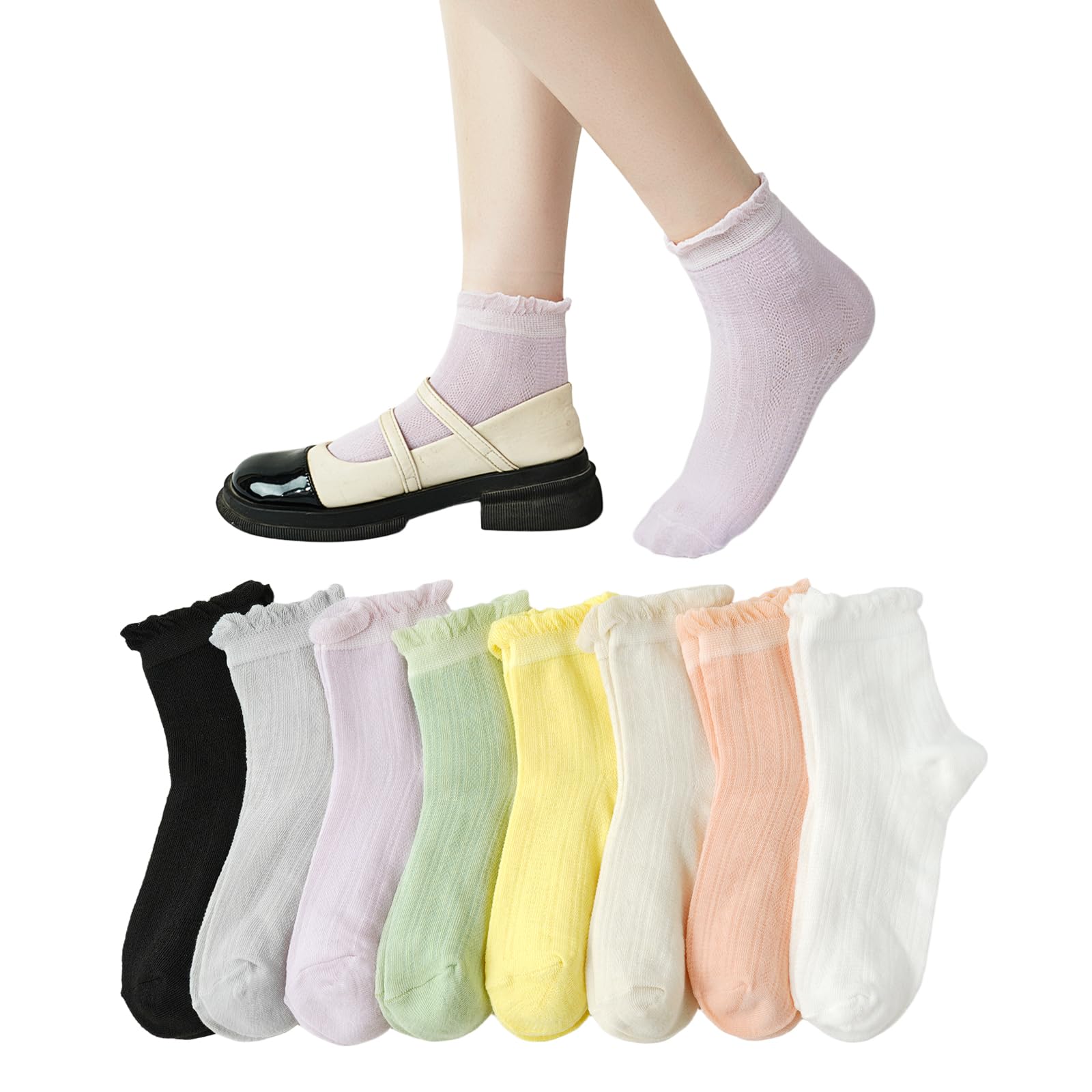【送料無料】[Yazon] 靴下 レディース 夏 くるぶし かわいい メッシュソックス 綿8足セット 薄手レース おしゃれ 女性用 くつした ショートソックス 通気 涼しい靴下 夏用 旅行 使い捨てくつ下 丈夫 婦人 22-24.5cm 色：マルチカラー、サイズ：22.0-24.5 cm