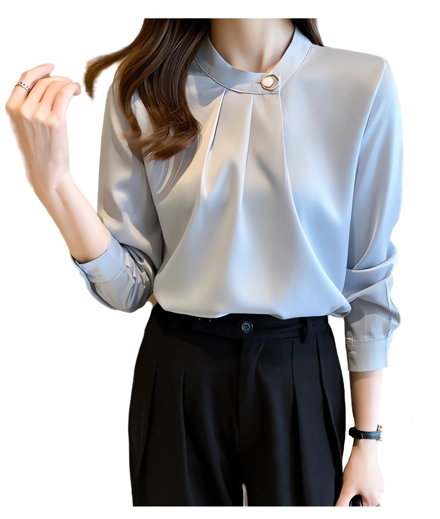 【送料無料】[House Yayoi] ブラウス トップス シフォン シャツ インナー レディース 冬 春 プチハイネック 二の腕カバー きれいめ エレガント ビジネス オフィスウェア 通勤 上品 清楚 OL 入園式 卒業式 長袖 M L XL 色：グレー、サイズ：L