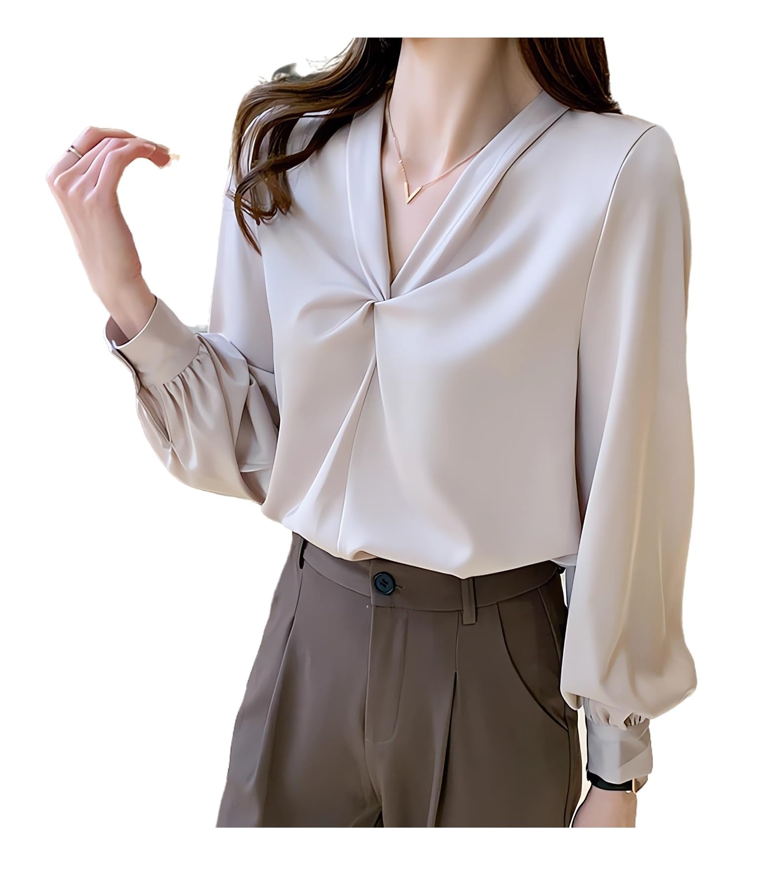 【送料無料】[House Yayoi] ブラウス シャツ スーツ レディース インナー セットアップ トップス オフィス 通勤 OL 30代 着回し 春 夏 秋 シフォン エレガント シルク 長袖 Vネック S M L XL 色：杏色、サイズ：M