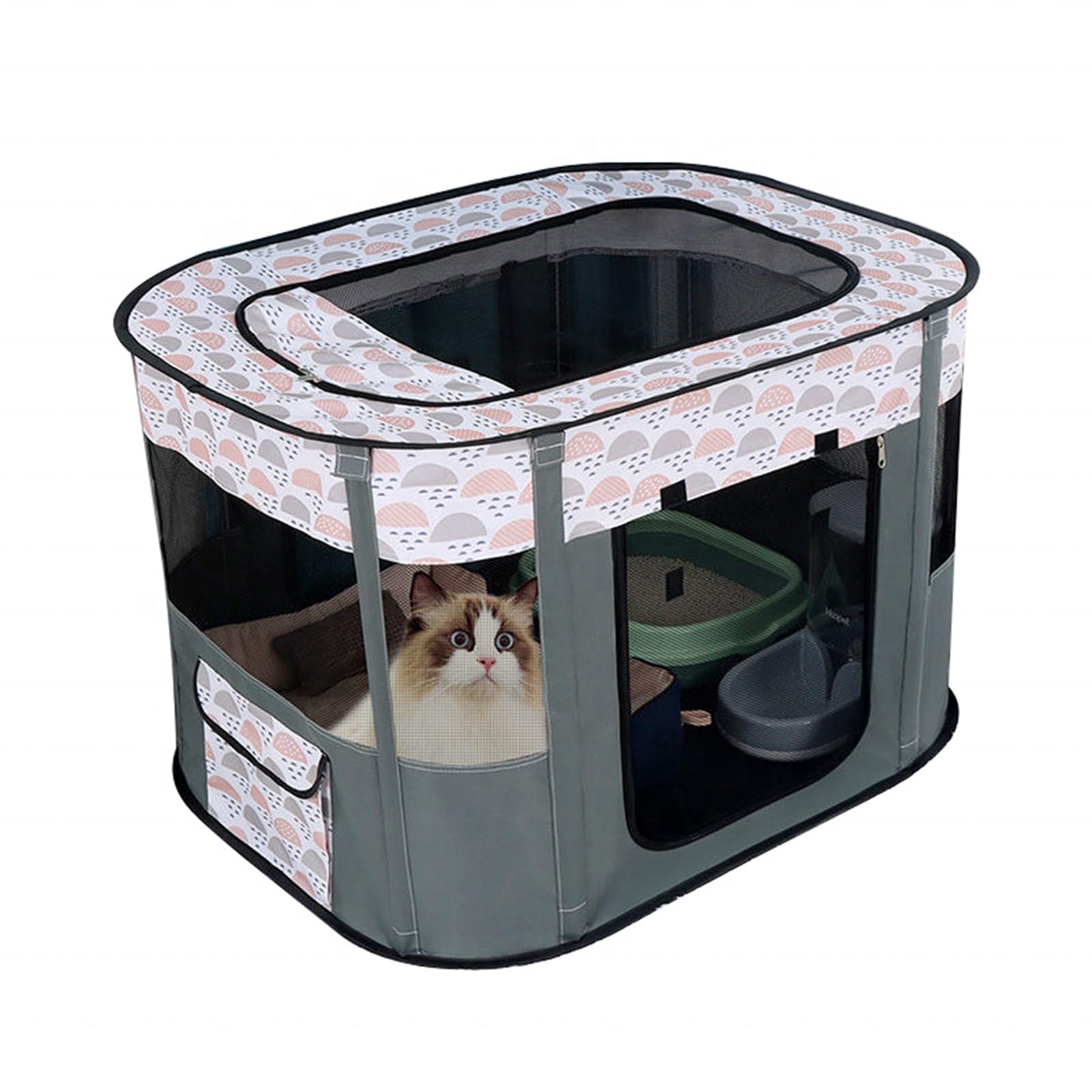 【送料無料】VARMHUS ペットケージ ペットサークル 折りたたみ 屋根付き 防災 アウトドア 猫 犬 産屋 収納バッグ付き 組立簡単 大空 長方形 メッシュ 色：グレー