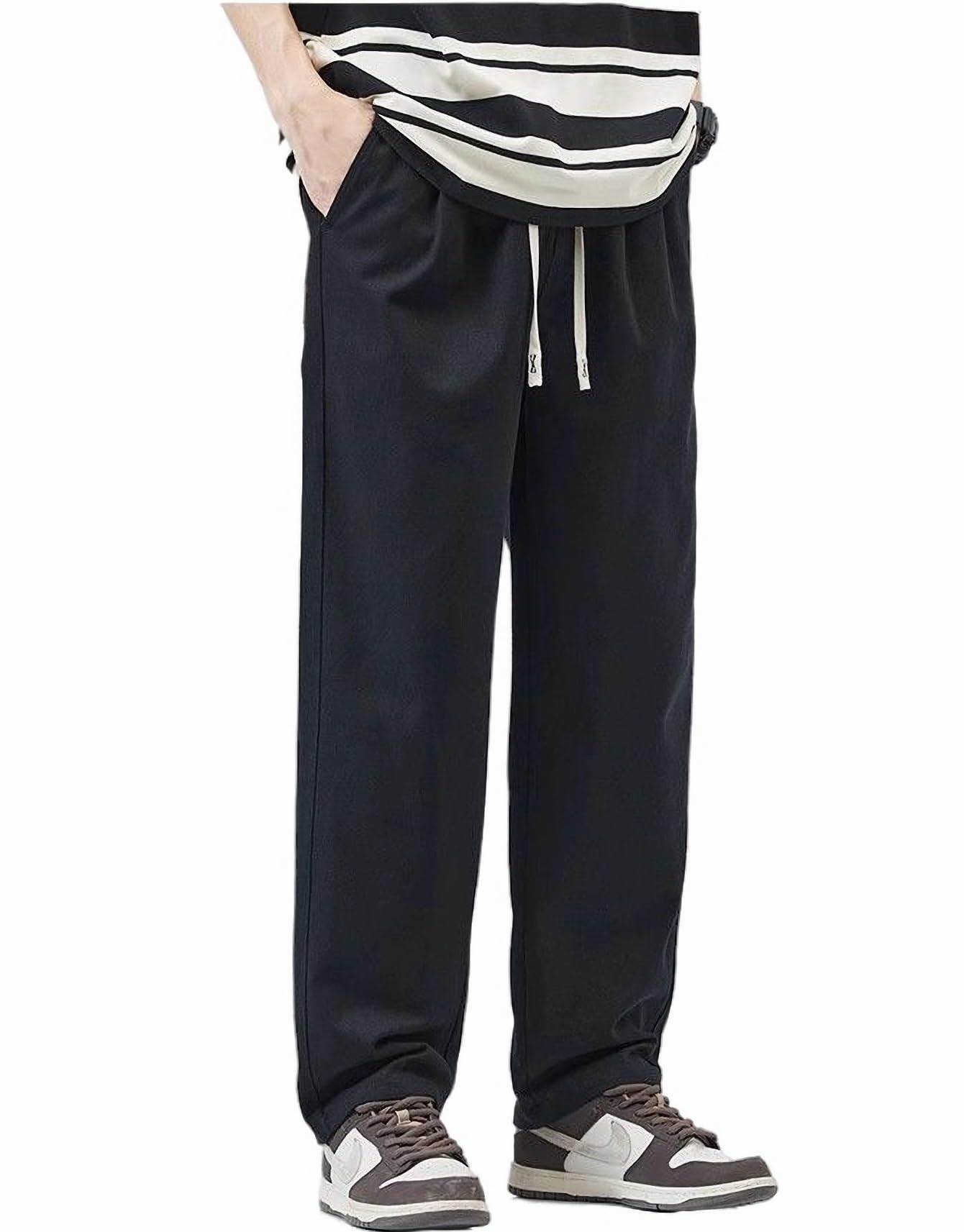 【送料無料】[House Yayoi] 長ズボン メンズ ズボン デニム ジーンズ チノパン イージーパンツ やわらかストレッチ アウトドア 通勤 無地 旅行 軽い ゆったり 大きいサイズ かっこいい ビジネス ゴム カジュアル 春 夏 色：ブラック、サイズ：2XL RegularLong