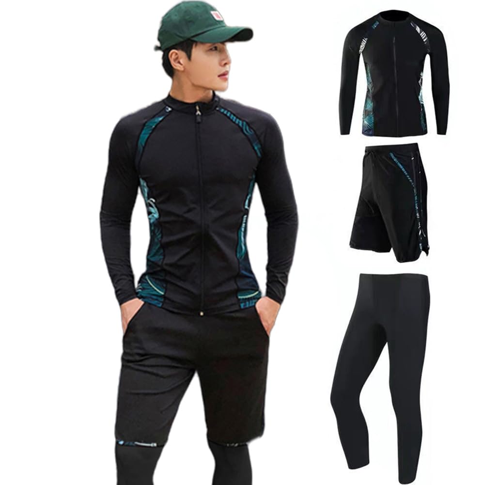 【送料無料】[HOTIAN] ラッシュガード メンズ 水着 3点セット 長袖 前開き サーフパンツ レギンス フィットネス 水着「UVカット・吸汗速乾・水陸両用」温泉 ビーチ 水泳 競泳 スイミング 色：M-#4・3点セット、サイズ：XXL