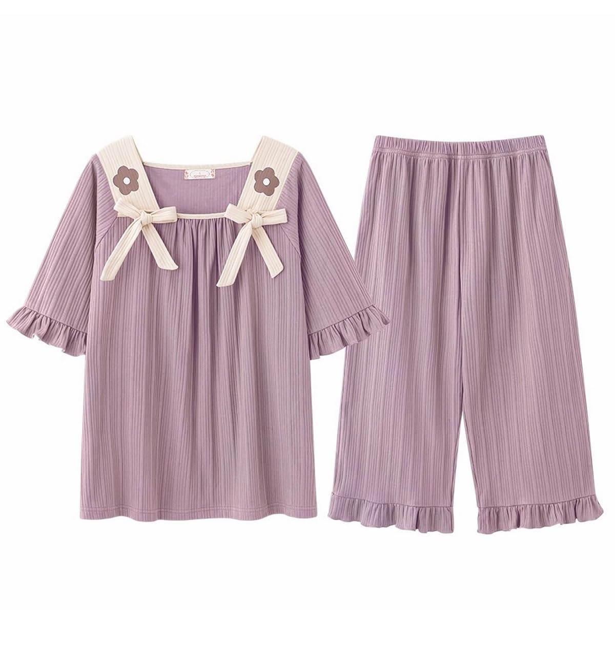 【送料無料】[House Yayoi] パジャマ レディース ルームウェア 寝間着 部屋着 寝巻き 部屋着 ウェストゴム ゆったり 可愛い 入院 半袖 ワッフル 綿 7分丈 大きいサイズ セットアップ 冷え防止 夏 2点セット 色：パープル02、サイズ：Free Size