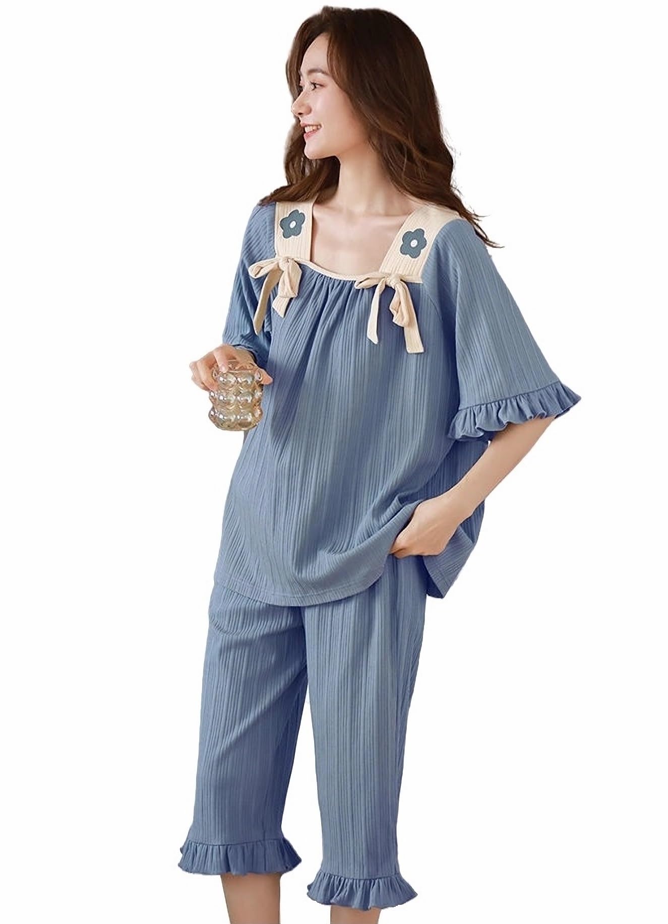 【送料無料】[House Yayoi] パジャマ レディース ルームウェア 寝間着 部屋着 寝巻き 部屋着 ウェストゴム ゆったり 可愛い 入院 半袖 ワッフル 綿 7分丈 大きいサイズ セットアップ 冷え防止 夏 2点セット 色：ブルー02、サイズ：Free Size