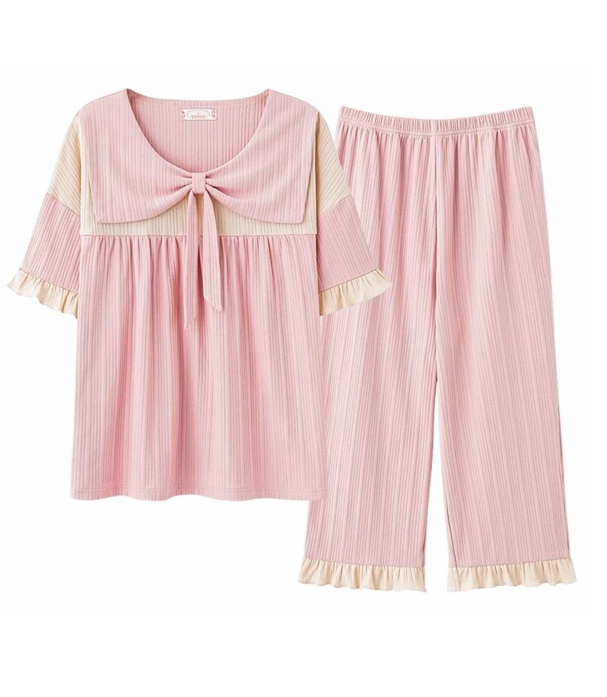 【送料無料】[House Yayoi] パジャマ レディース ルームウェア 寝間着 部屋着 寝巻き 部屋着 ウェストゴム ゆったり 可愛い 入院 半袖 ワッフル 綿 7分丈 大きいサイズ セットアップ 冷え防止 夏 2点セット 色：ピンク02、サイズ：Free Size