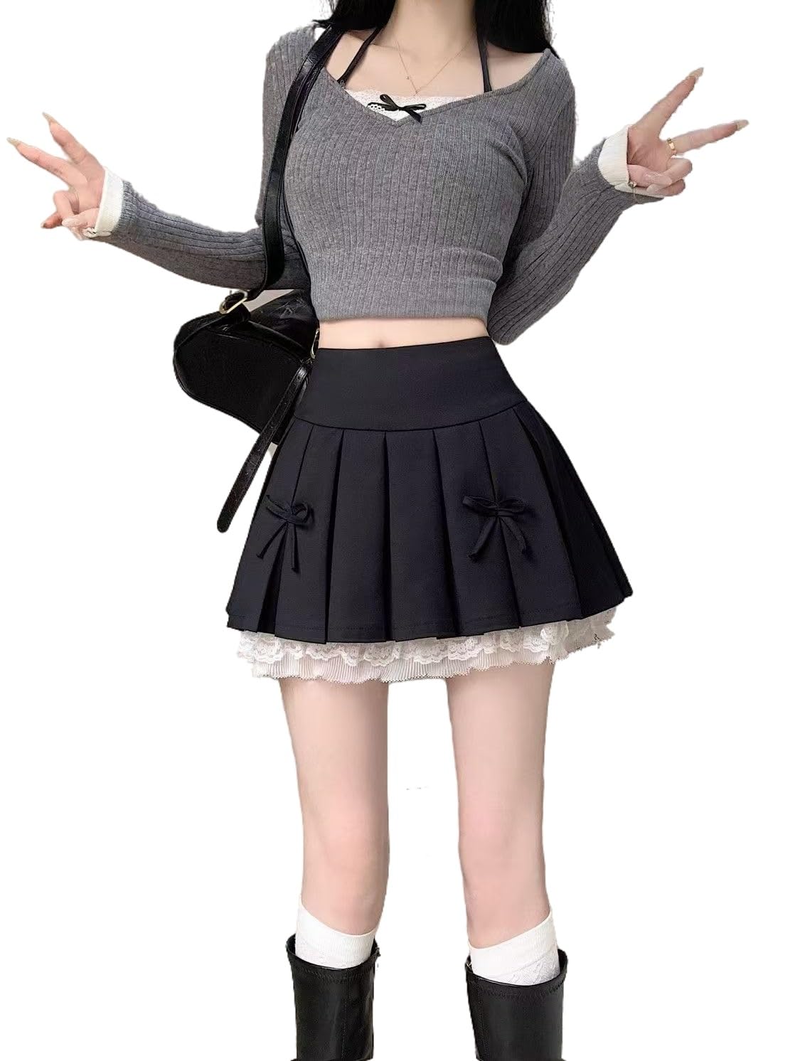 【送料無料】[House Yayoi] スカート 春 夏 レディース 可愛い レース マイクロミニ ファスナー ミニ丈 無地 ハイウエスト 大人かわいい ひざ上丈 裏地付き 女子高生 通学 通勤 パイピング プリーツ Skirt 色：ブラック、サイズ：XL