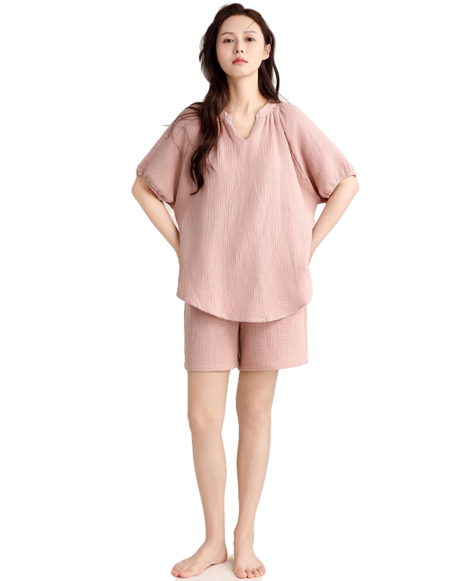【送料無料】[House Yayoi] パジャマ レディース 2重ガーゼ 綿 半袖 ガーゼ 春 夏 ルームウェア かわいい ゆったり ナイトウェア 上下セット 部屋着 寝巻 体型カバー 無地 大きいサイズ 入院 マタニティー 短め 2点セット 色：ピンク半袖、サイズ：XL RegularShort