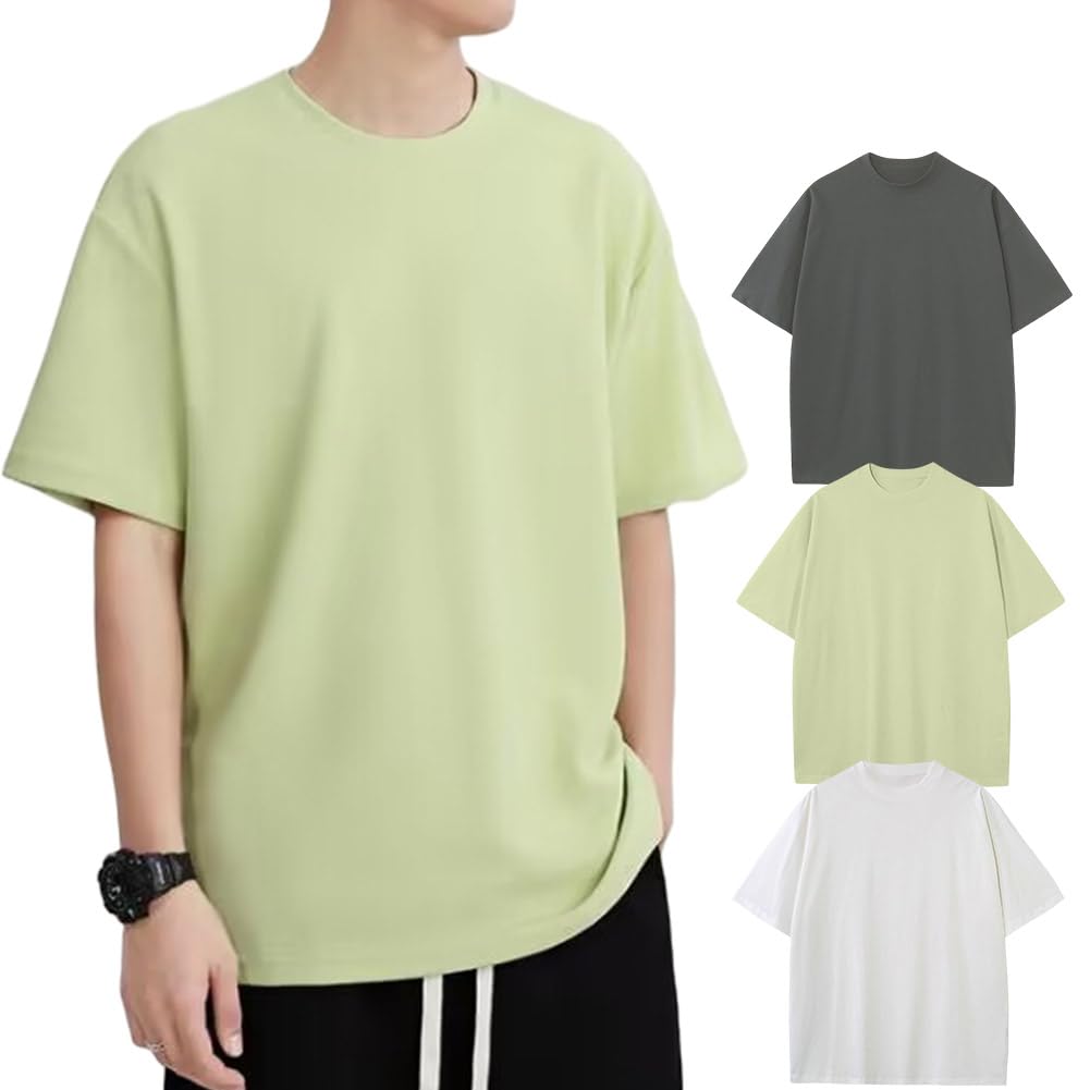 【送料無料】[HOTIAN] Tシャツ メンズ 半袖 ゴルフシャツ 綿100％ クルーネック 無地 インナーシャツ 1枚組/3枚組 通気 吸汗 カジュアル 大きいサイズ セット 春 夏 秋 冬 色：3枚組-白+緑+グレー、サイズ：2XL