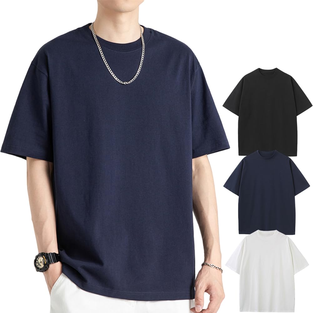 【送料無料】[HOTIAN] Tシャツ メンズ 半袖 ゴルフシャツ 綿100％ クルーネック 無地 インナーシャツ 1枚組/3枚組 通気 吸汗 カジュアル 大きいサイズ セット 春 夏 秋 冬 色：3枚組-白+黒+ネイビー、サイズ：L