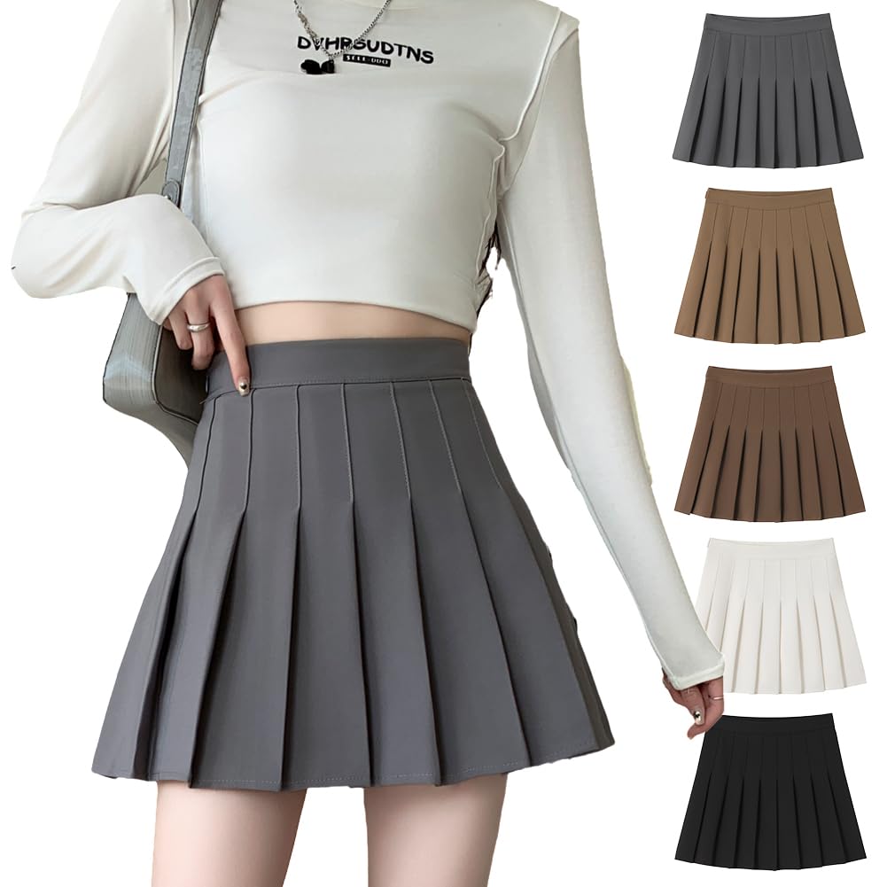 【送料無料】[HOTIAN] プリーツスカート ミニ インナー付き 制服スカート 無地 ハイウェスト ミニスカート 通学 卒業式 コスチューム セーラー服 色：ライトグレー、サイズ：M