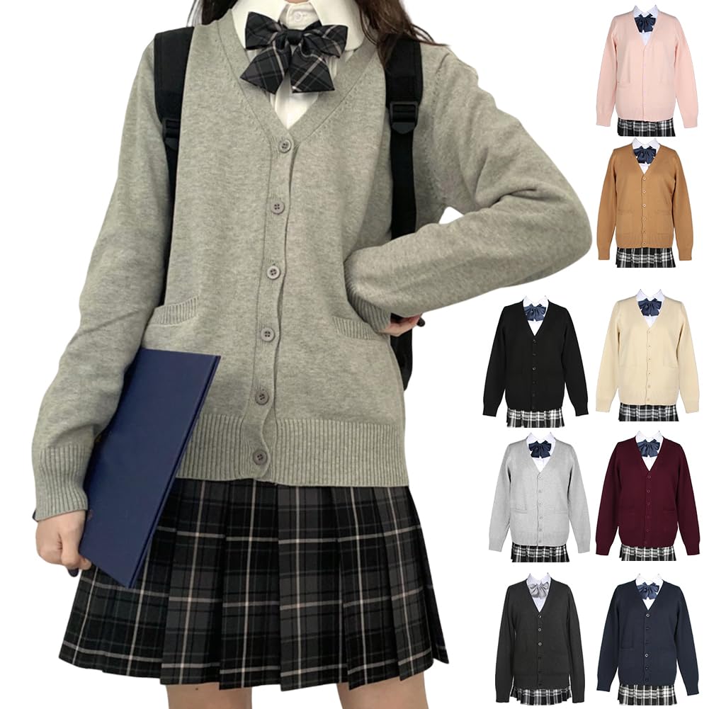 【送料無料】[HOTIAN] スクールカーディガン 女子 制服 Vネック スクールセーター 高校生 無地 ニット..