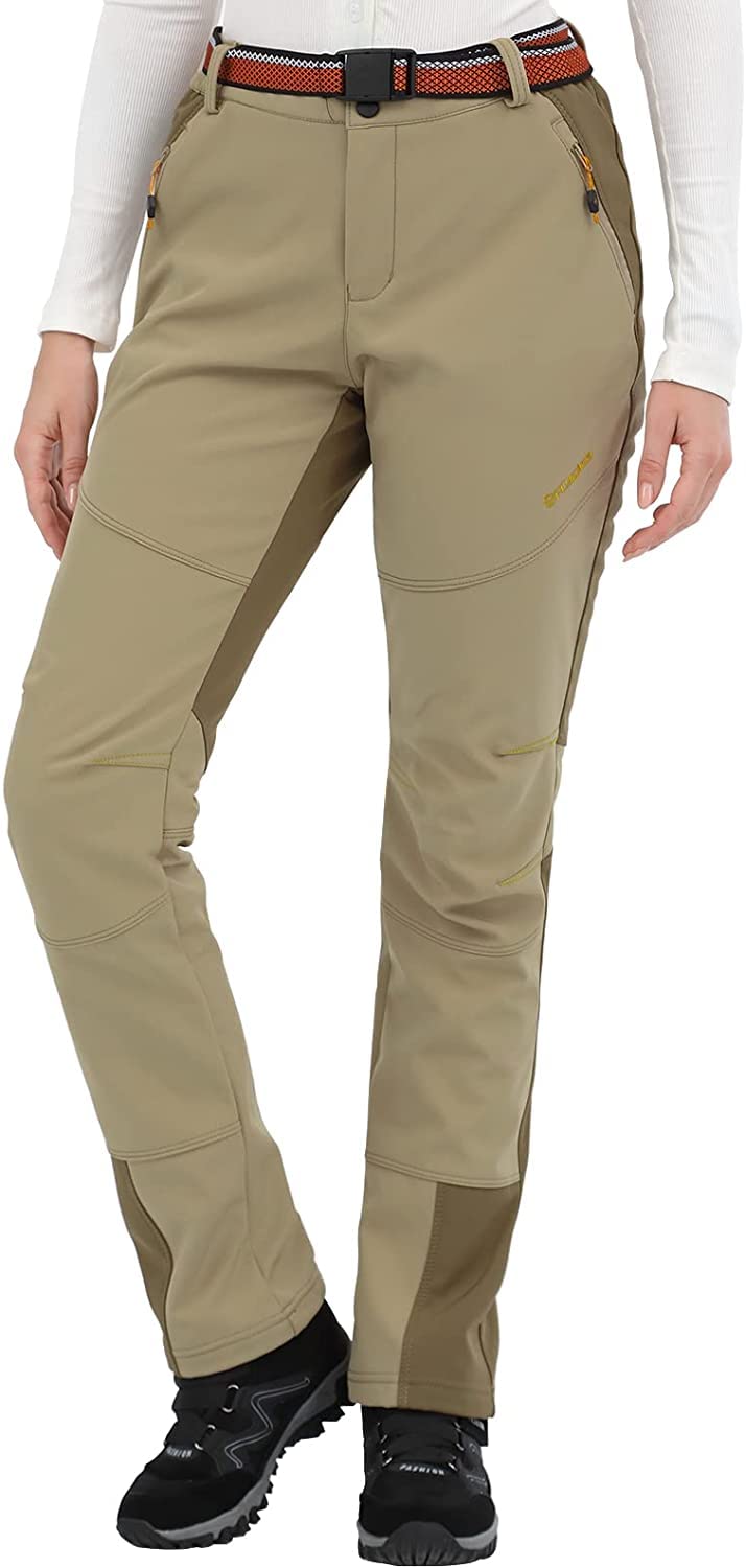 【送料無料】[FLYGAGA] 防寒ズボンレディーストレッキングパンツ 登山ズボンソフトシェルパンツ 裏起毛 アウトドアパンツ 長ズボン 防風 防水厚手 秋冬用 色：カーキ 1502、サイズ：L(4)