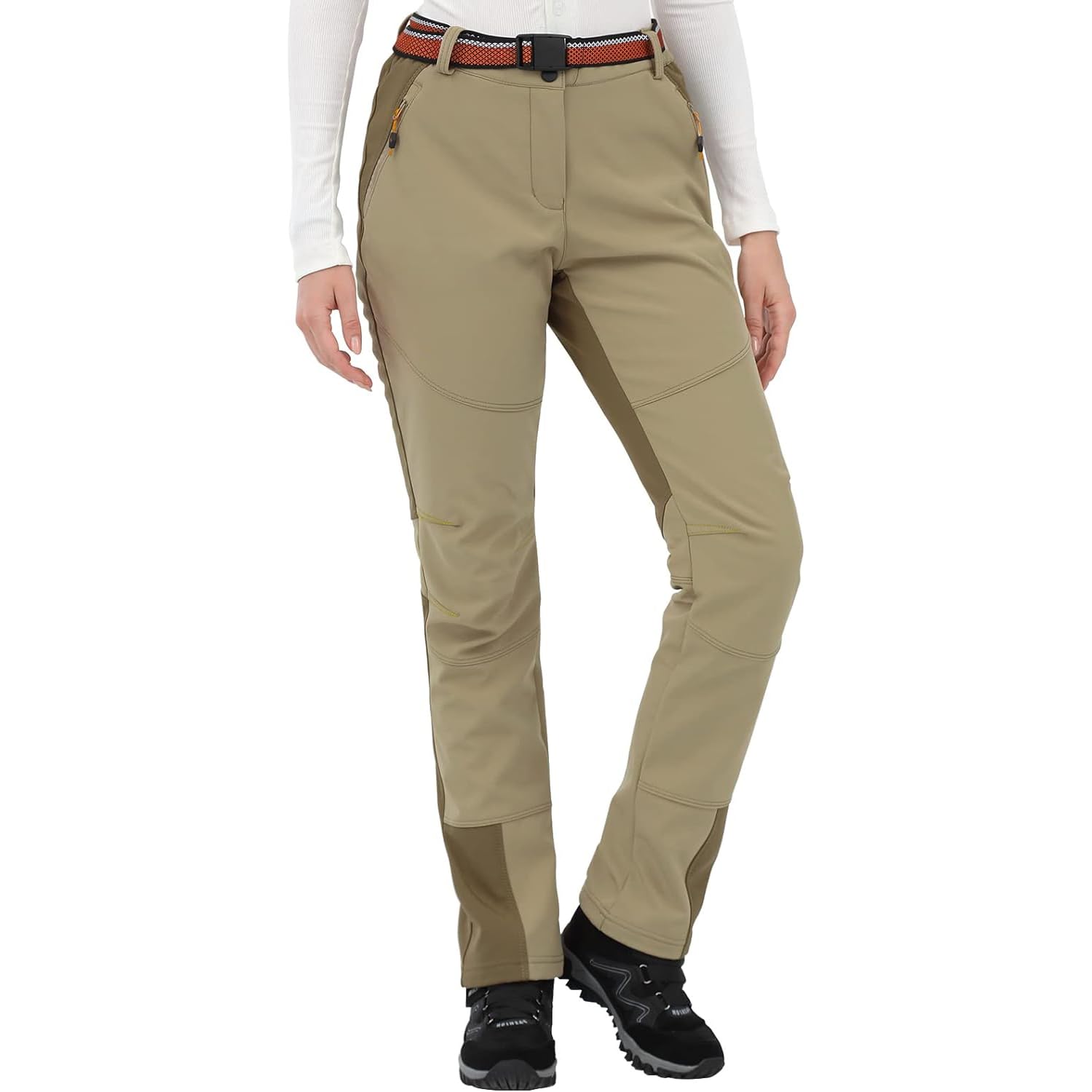 【送料無料】[FLYGAGA] トレッキングパンツ レディース 防寒パンツ 登山パンツ アウトドアパンツ 長ズボンクライミング 裏起毛 防風 防寒 厚手保温 防止ピリング防止 秋冬用 色：カーキ-厚め1502、サイズ：S