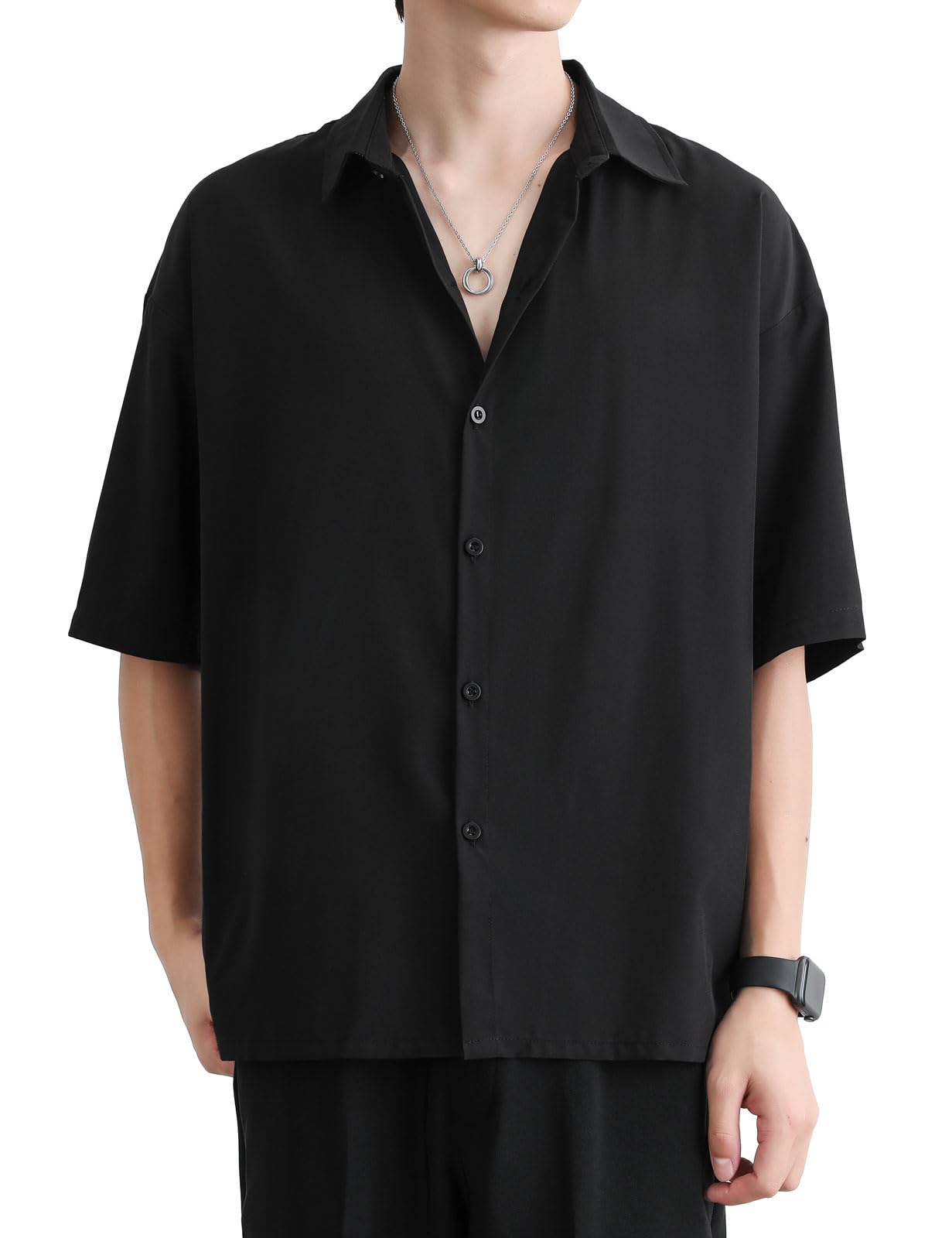 【送料無料】[TickElf] シャツ メンズ 長袖 半袖 無地 ゆったり 防シワ 軽量 快適 吸汗速乾 通気 オシャレ シンプル カジュアル 大きいサイズ ワイシャツ 春夏秋 色：ブラック半袖、サイズ：XL