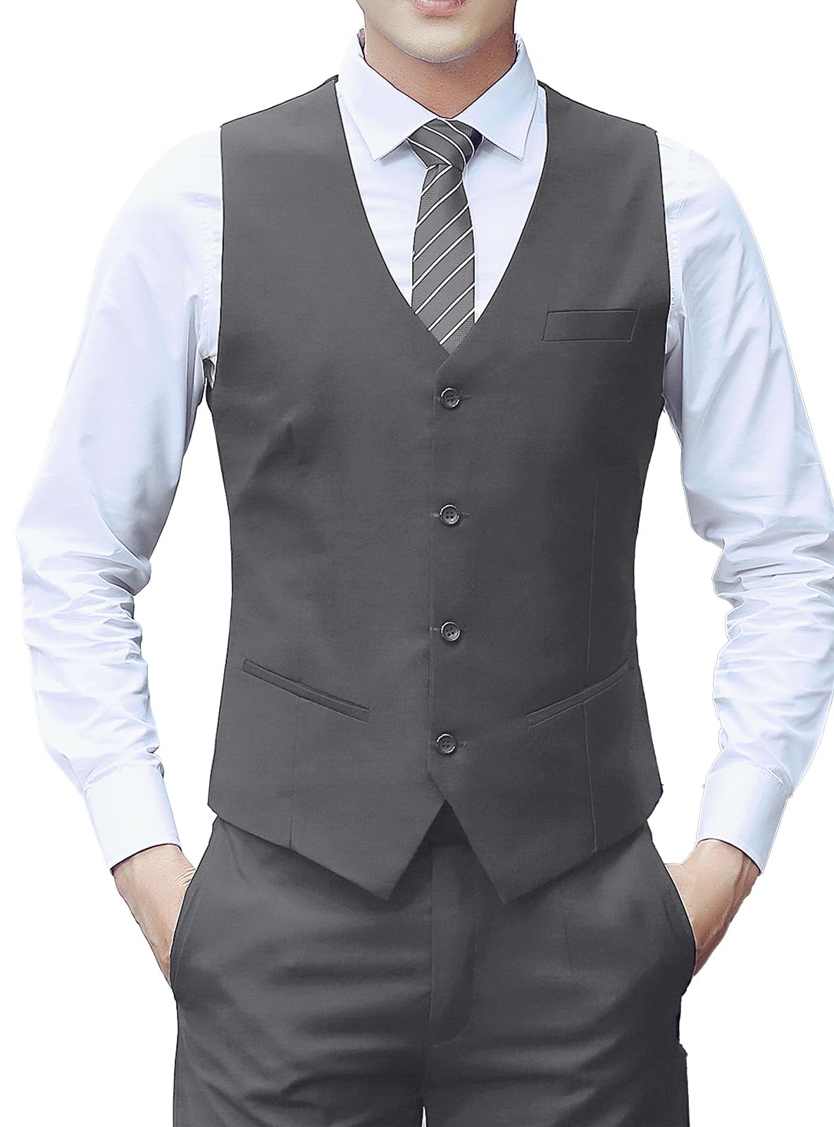 【送料無料】[TickElf] スーツ ベスト メンズ スリム ジレ チョッキ 4ボタン 3ポケット 無地 尾錠付き Vネック おしゃれ ズアウトドア フォーマル カジュアル ビジネス バーテンダー 結婚式 入社式 春夏秋 色：グレー、サイズ：3XL