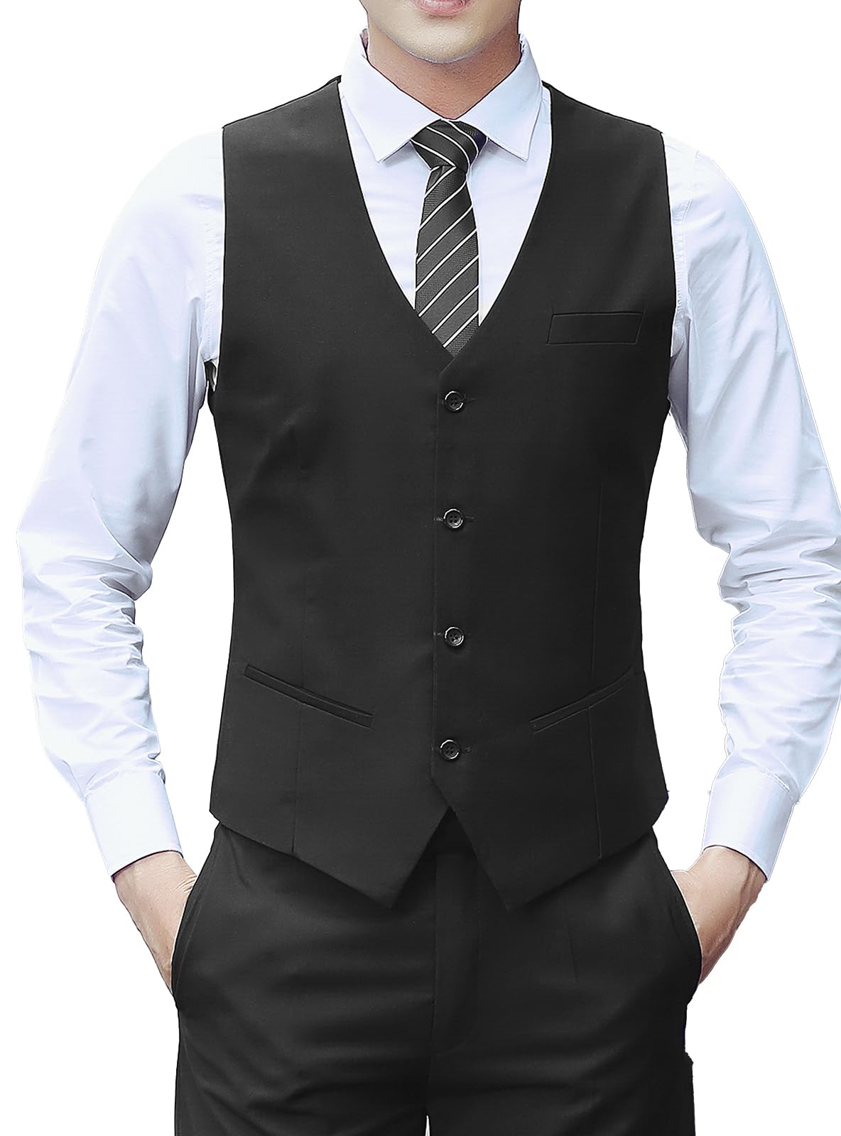 【送料無料】[TickElf] スーツ ベスト メンズ スリム ジレ チョッキ 4ボタン 3ポケット 無地 尾錠付き Vネック おしゃれ ズアウトドア フォーマル カジュアル ビジネス バーテンダー 結婚式 入社式 春夏秋 色：ブラック 胸ポケット付き、サイズ：4XL