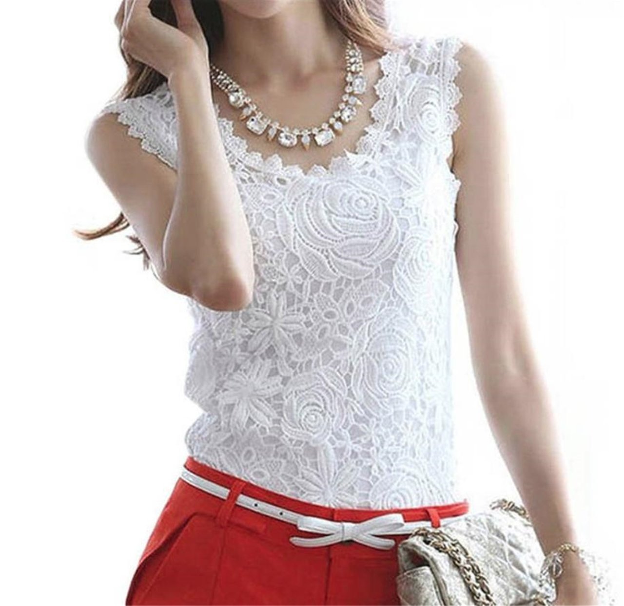 【送料無料】[Nestkanina] レース 花柄 ノースリーブ タンクトップ カットソー キャミソール レディース 色：L 白、サイズ：Free Size