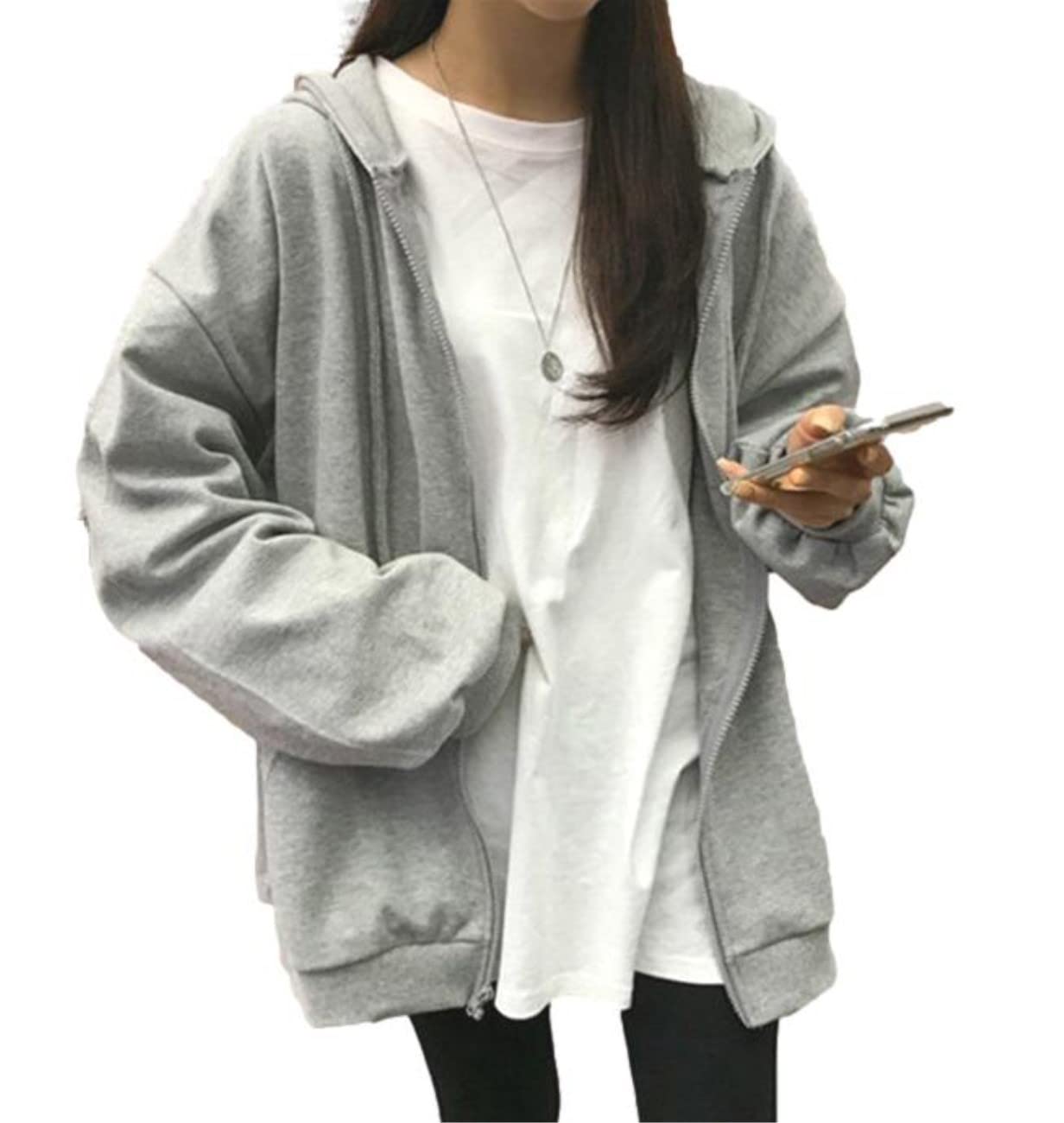 【送料無料】[Nestkanina] パーカー レディース トップス アウター ジップアップ フード ゆったり カジュアル SWT001 色：グレー、サイズ：M