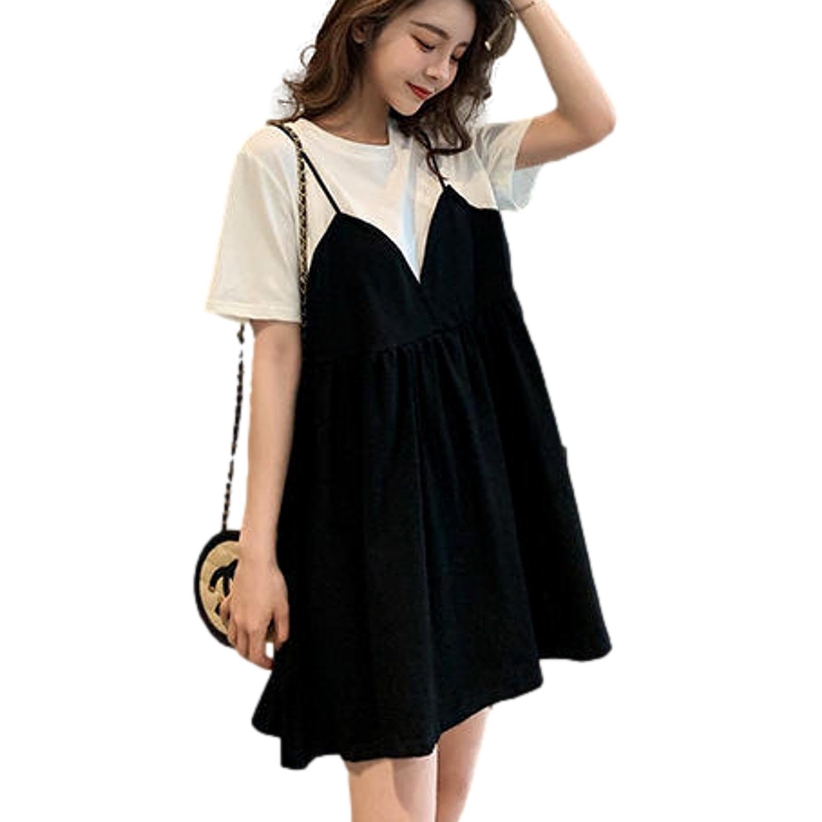 【送料無料】[Nestkanina] ワンピース マタニティ ワンピ 夏 レディース きれいめ 半袖 大きいサイズ ゆったり 黒 セットアップ 体型カバー DRS018 色：ブラック、サイズ：M