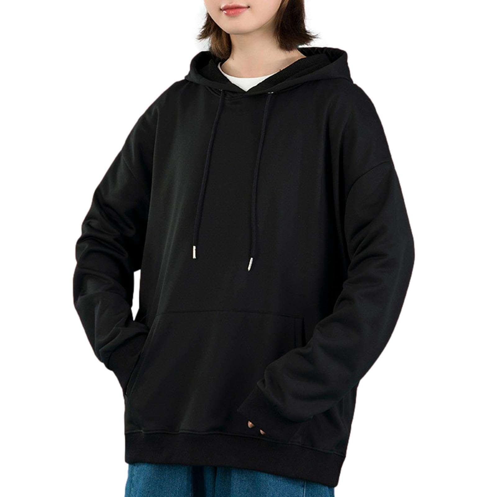 【送料無料】[Nestkanina] パーカー レディース トップス アウター プルオーバー フード カジュアル ストリート 大きめ 春 夏 秋 冬 通学 無地 ルームウェア SWT008 色：ブラック、サイズ：XL