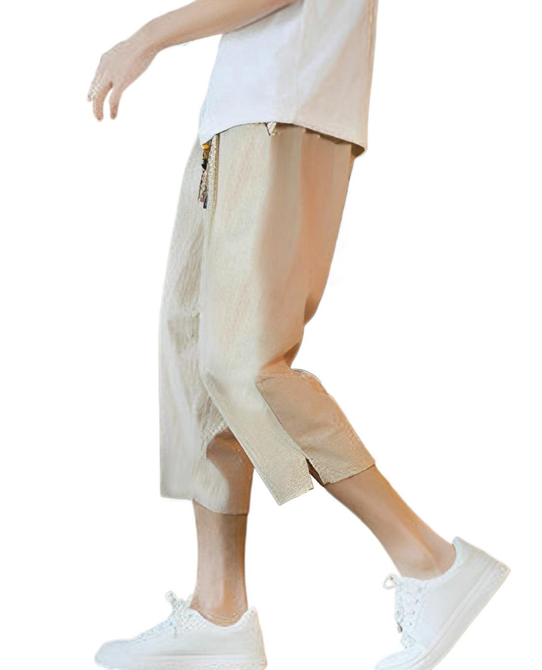 【送料無料】[OKJCON] サルエルパンツ メンズ 夏 七分丈 ゆったり 綿麻 ワイドパンツ 薄手 無地 大きいサイズ 色：ベージュ、サイズ：M