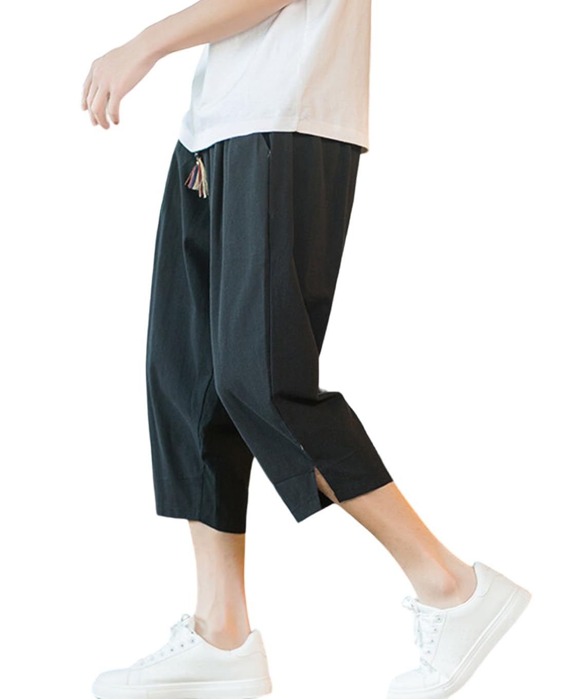 【送料無料】[OKJCON] サルエルパンツ メンズ 夏 七分丈 ゆったり 綿麻 ワイドパンツ 薄手 無地 大きい..