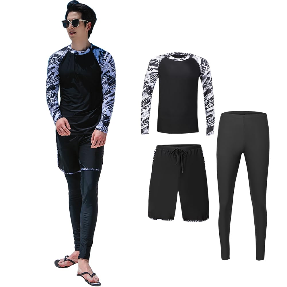 【送料無料】[Candy Kiosk] ラッシュガード メンズ 水着 3点セット 上下セット 長袖 前開き フィットネス ビーチ 水泳 温泉 UVカット 水陸両用 吸汗速乾 通気性 色：3-13：3点セット（メンズ）、サイズ：L