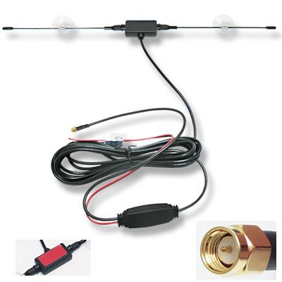 【送料無料】吸盤付ダイポール型 SMA端子 TVアンテナ 強力ブースター 配線約290cm ワンセグ/フルセグ 12Vの電源を使用しますので安定した映像が供給 色：ブラック