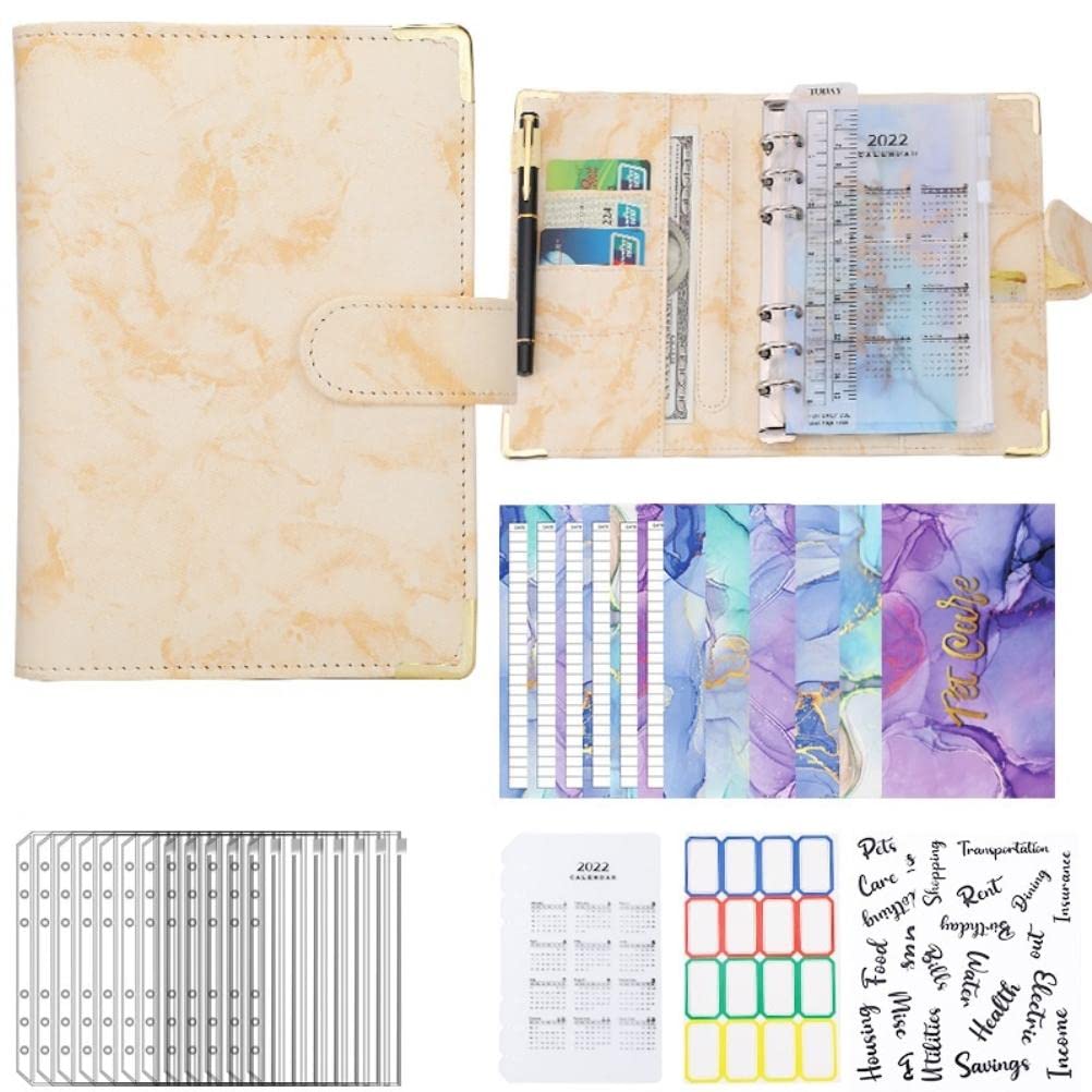 【送料無料】J-ouuo A6バインダー予算書 6リング予算バインダー 大理石模様 PUレザー ジッパーバッグ ..