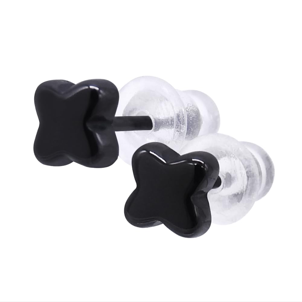 【送料無料】KARMAREY セラミック ピアス 金属アレルギー対応 2個セット 両耳用 ファーストピアス セカンドピアス つけっぱなし メンズ レディース 20G（0.8mm）四つ葉 クローバー 色：ブラック、サイズ：小