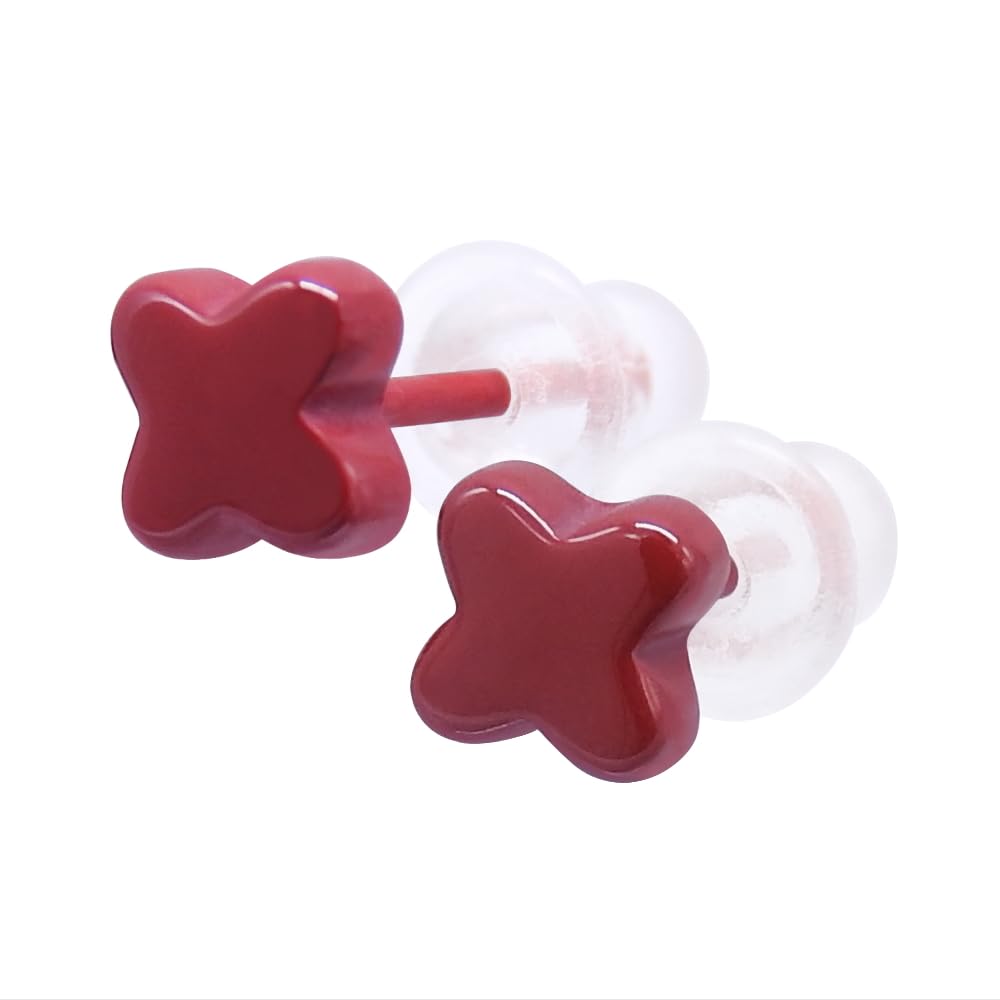 【送料無料】KARMAREY セラミック ピアス 金属アレルギー対応 2個セット 両耳用 ファーストピアス セカンドピアス つけっぱなし メンズ レディース 20G（0.8mm）四つ葉 クローバー 色：茜色、サイズ：小