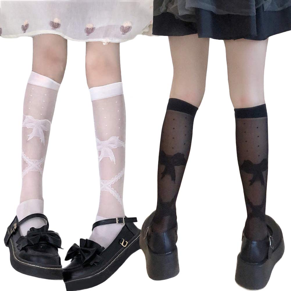 【送料無料】[Eukkis] ストッキングハイソックス 靴下2足組-ロングソックス ノンスリップ レディース 可愛い少女 伸縮性ズリ落ちにくい 色：グロスリボン柄 ブラック/ホワイト、サイズ：Free Size
