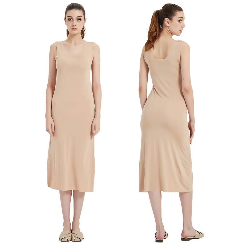 【送料無料】[Eukkis] 0.1mm極薄冷感 スリップ クールice silk 透け防止ペチコート 高級タンクワンピースインナー 素肌さらり 吸汗速乾 ひびきにくい レディース 色：マキシ丈 スキン（透け防止指数90%）、サイズ：XL