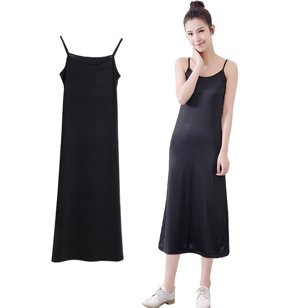 【送料無料】[Eukkis] サテンスリップ 透け防止ペチコート-【ミニ丈/膝丈/マキシ丈】静電防止 レディースキャミワンピースインナー スリップドレス ルームウェア下着 なめらか肌触り 色：ブラック、サイズ：M