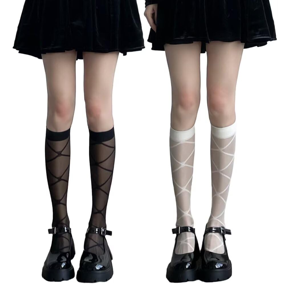 【送料無料】[Eukkis] ストッキングハイソックス 靴下2足組-ロングソックス ノンスリップ レディース 可愛い少女 伸縮性ズリ落ちにくい 色：グロス柄 ブラック/ベージュ、サイズ：Free Size
