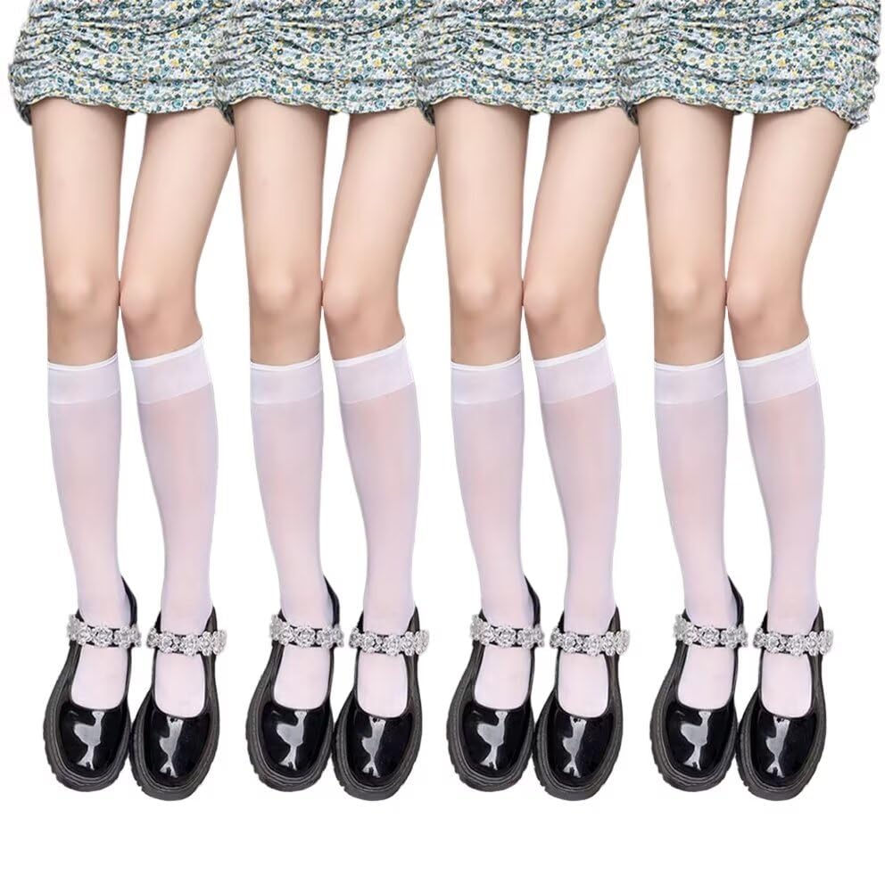 【送料無料】[Eukkis] ストッキングハイソックス 靴下2足組-ロングソックス ノンスリップ レディース 可愛い少女 伸縮性ズリ落ちにくい 色：透明感無地 ホワイト*4、サイズ：Free Size