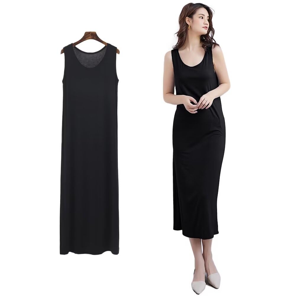 【送料無料】[Eukkis] モダールスリップインナー 透け防止ペチコート タンクワンピース6色-体にぴったり Uネック【ミニ丈82cm/ひざ丈100cm/マキシ丈120cm】吸湿通気性 下着 レディース ルームウェア 部屋着 響かない ネグリジェ 色：ブラック　マキシ丈、サイズ：L